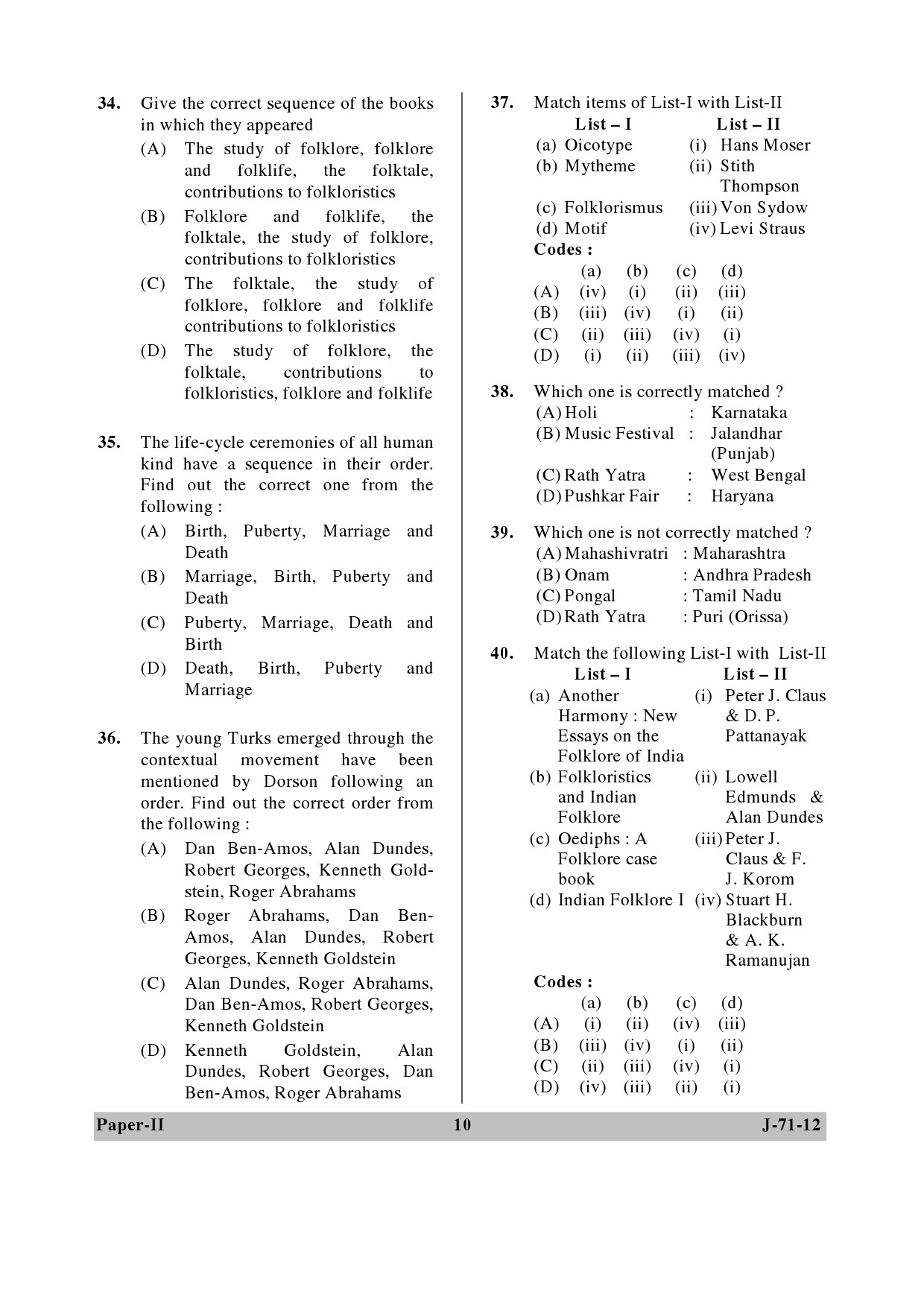 UGC NET Folk Literature Question Paper II June 2012 10