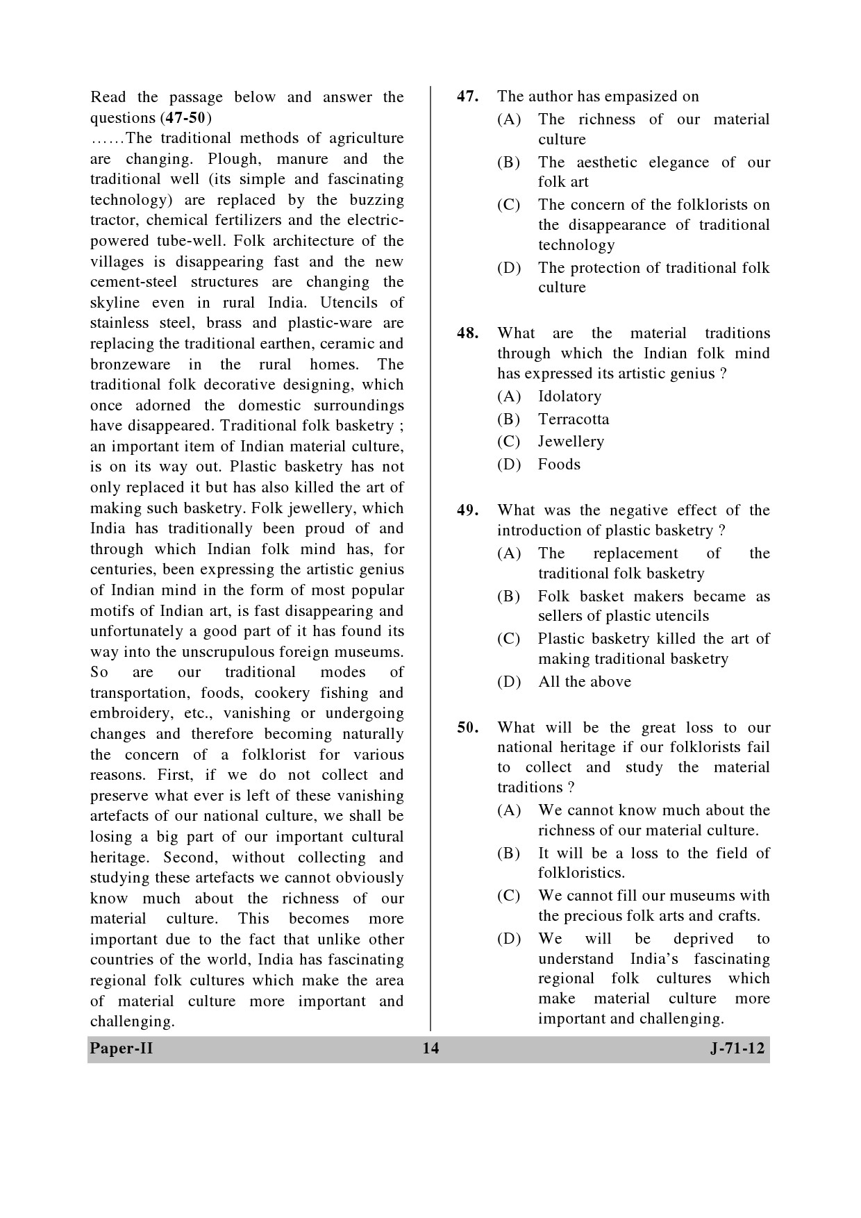 UGC NET Folk Literature Question Paper II June 2012 14