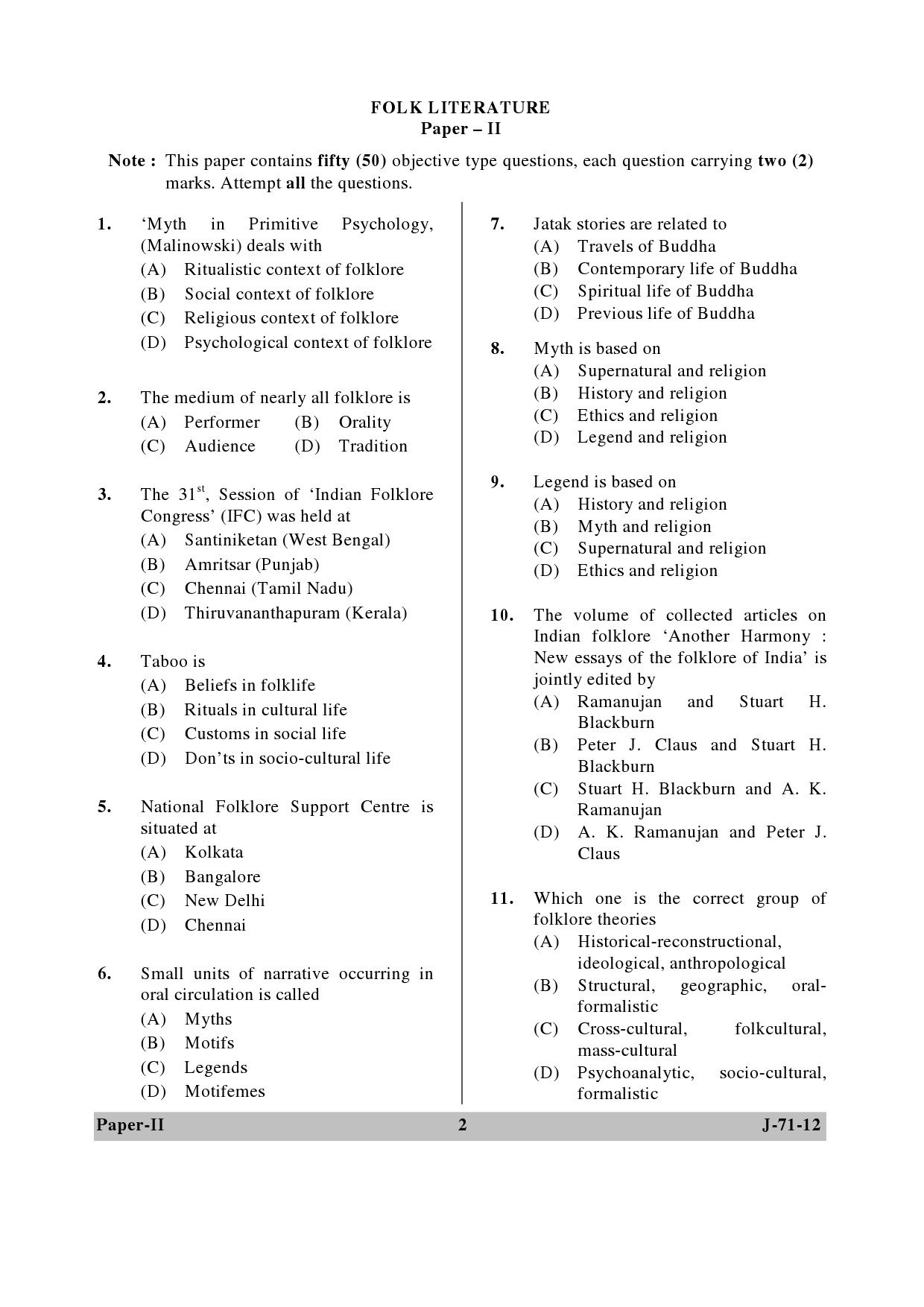 UGC NET Folk Literature Question Paper II June 2012 2