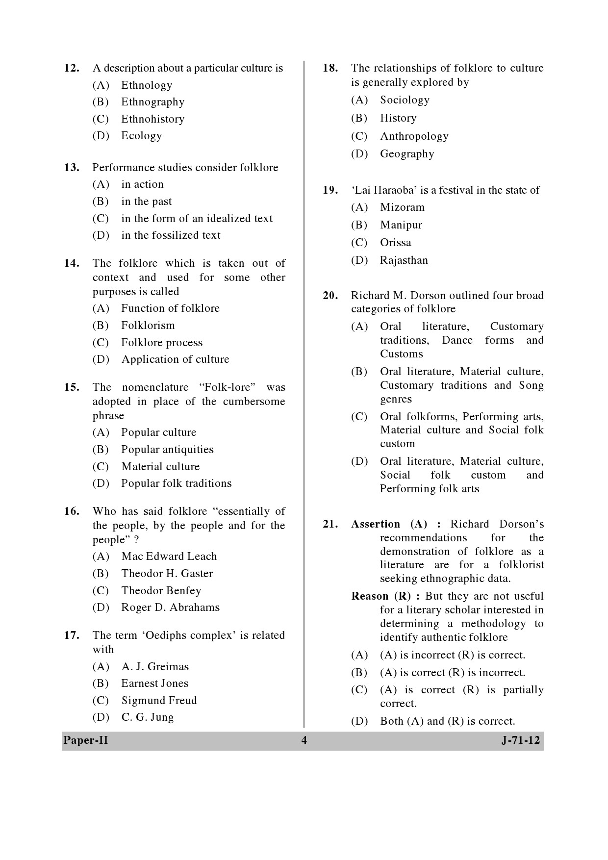 UGC NET Folk Literature Question Paper II June 2012 4