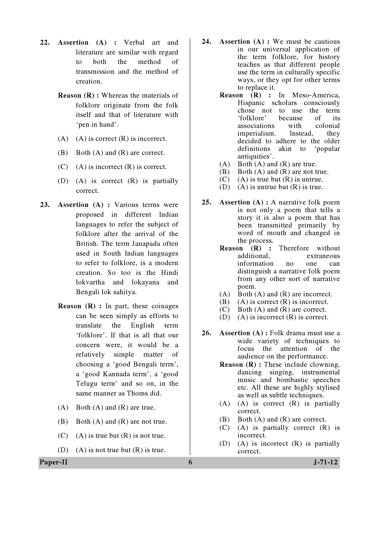 UGC NET Folk Literature Question Paper II June 2012 6