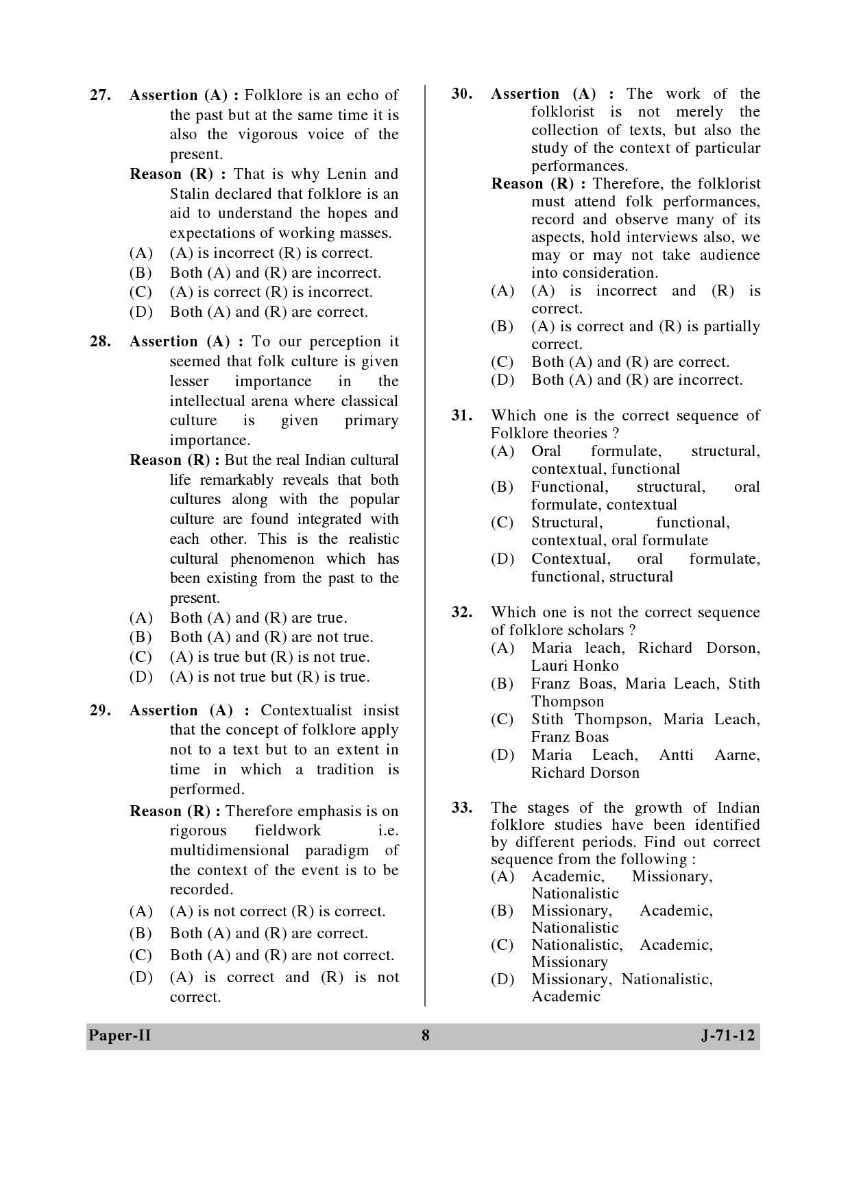 UGC NET Folk Literature Question Paper II June 2012 8