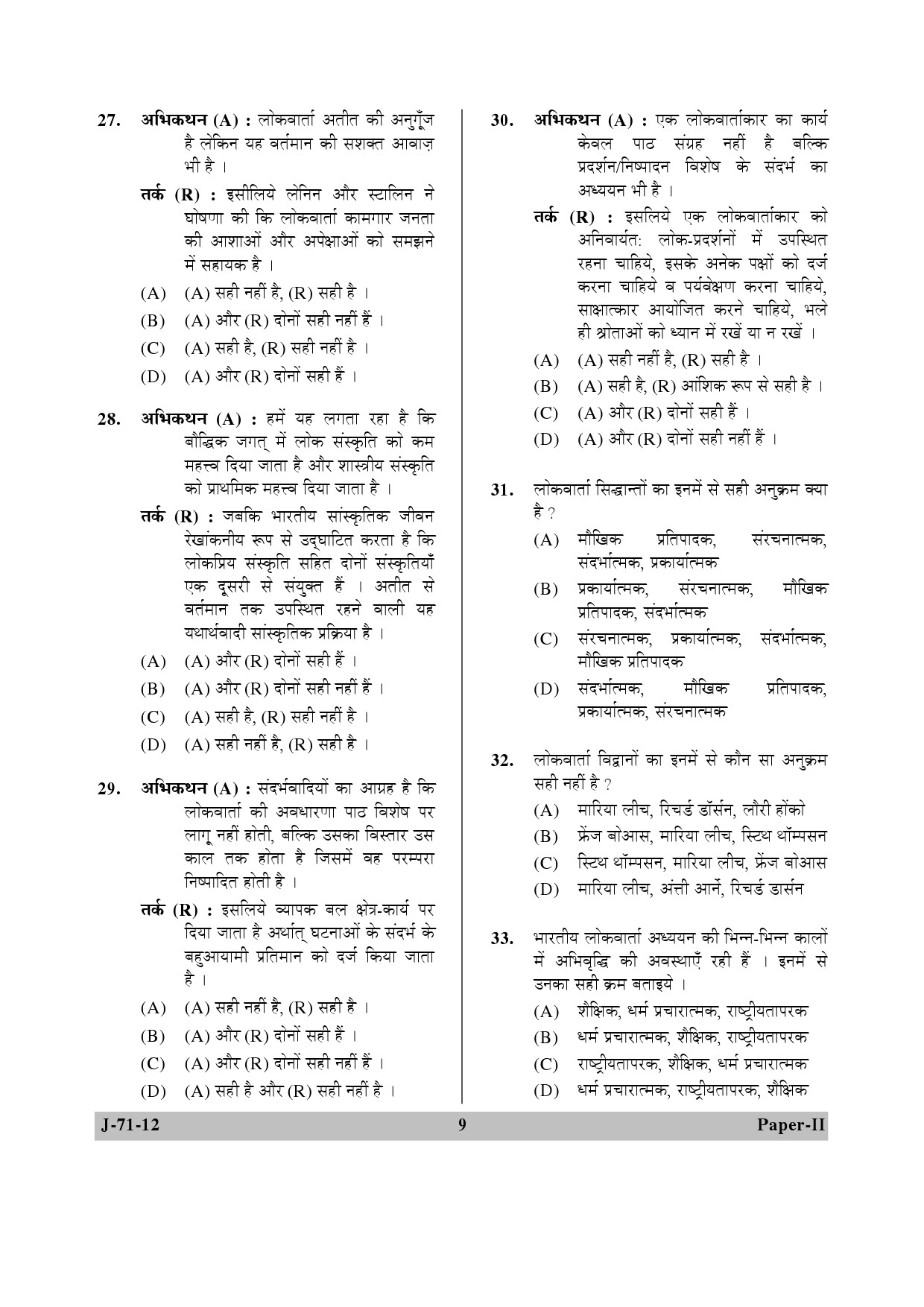 UGC NET Folk Literature Question Paper II June 2012 9