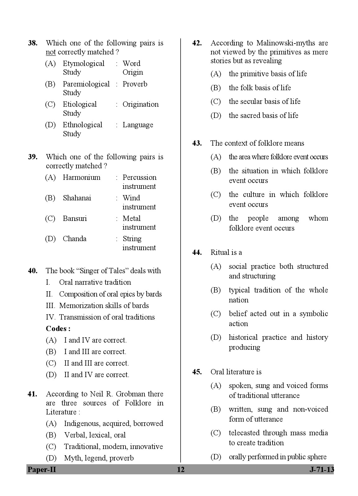 UGC NET Folk Literature Question Paper II June 2013 12