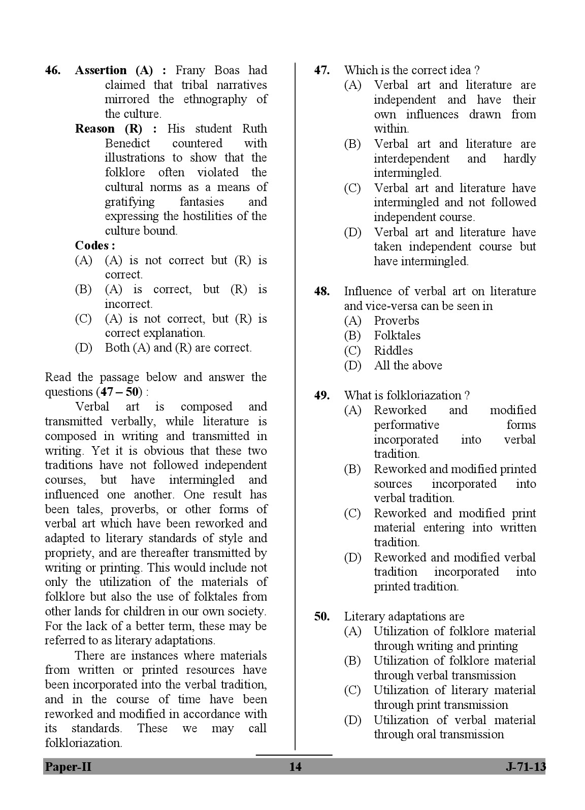 UGC NET Folk Literature Question Paper II June 2013 14