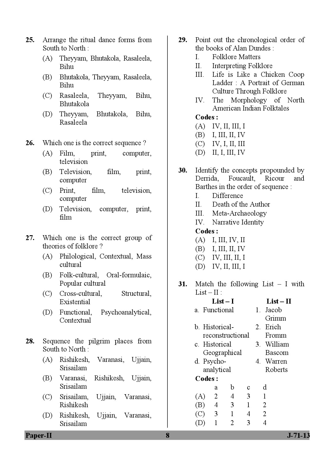 UGC NET Folk Literature Question Paper II June 2013 8