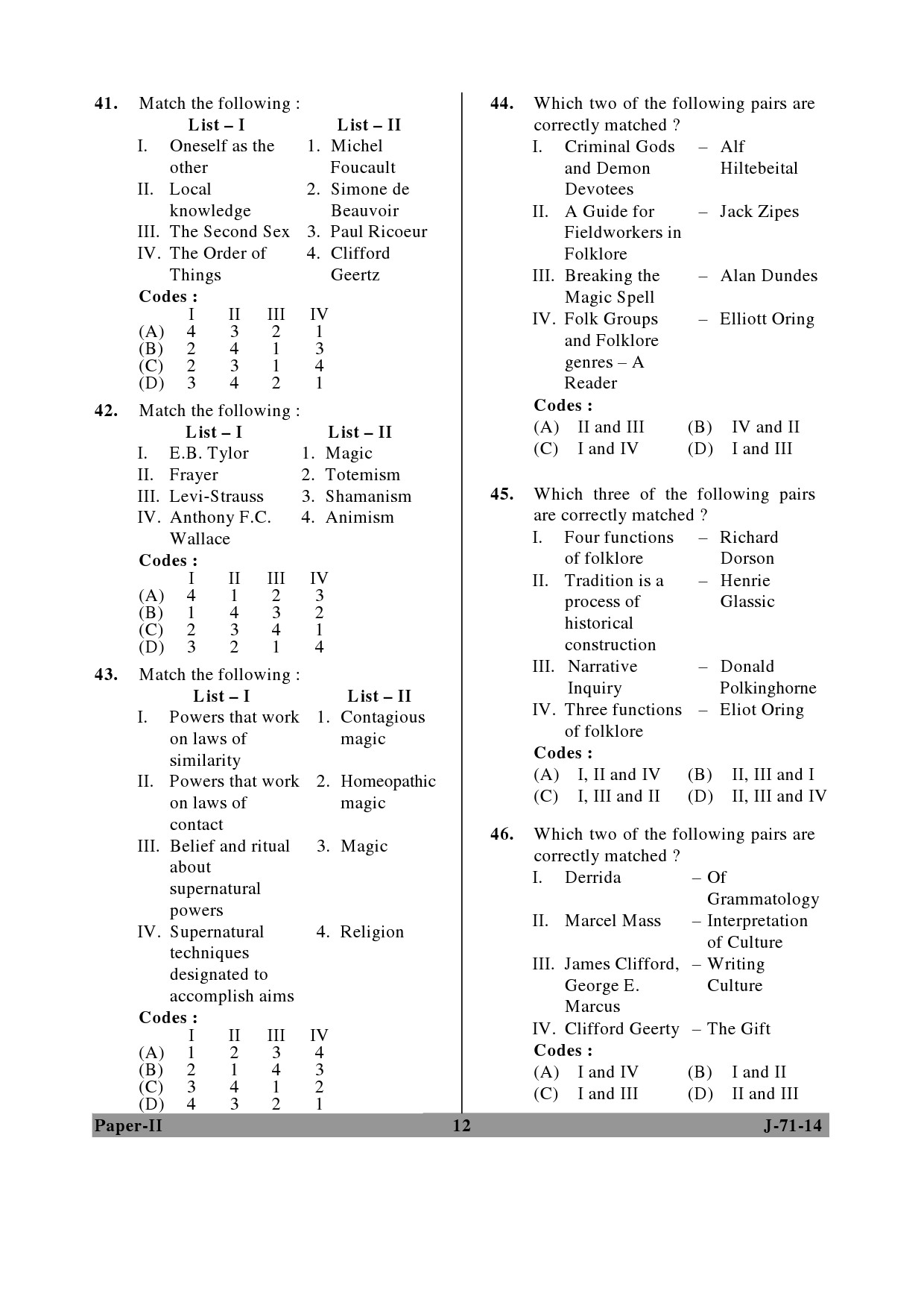 UGC NET Folk Literature Question Paper II June 2014 12