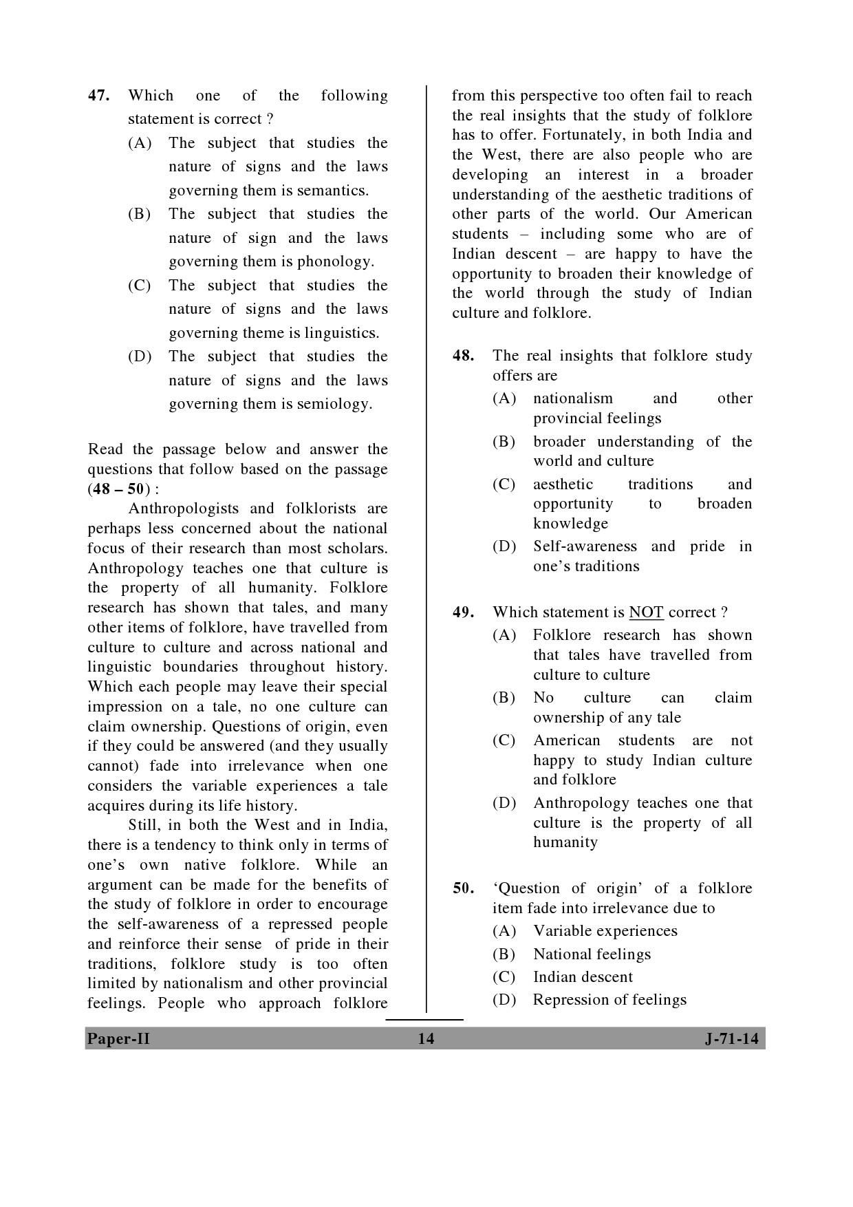 UGC NET Folk Literature Question Paper II June 2014 14