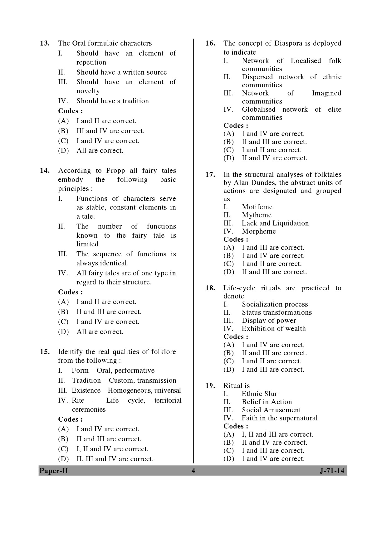 UGC NET Folk Literature Question Paper II June 2014 4