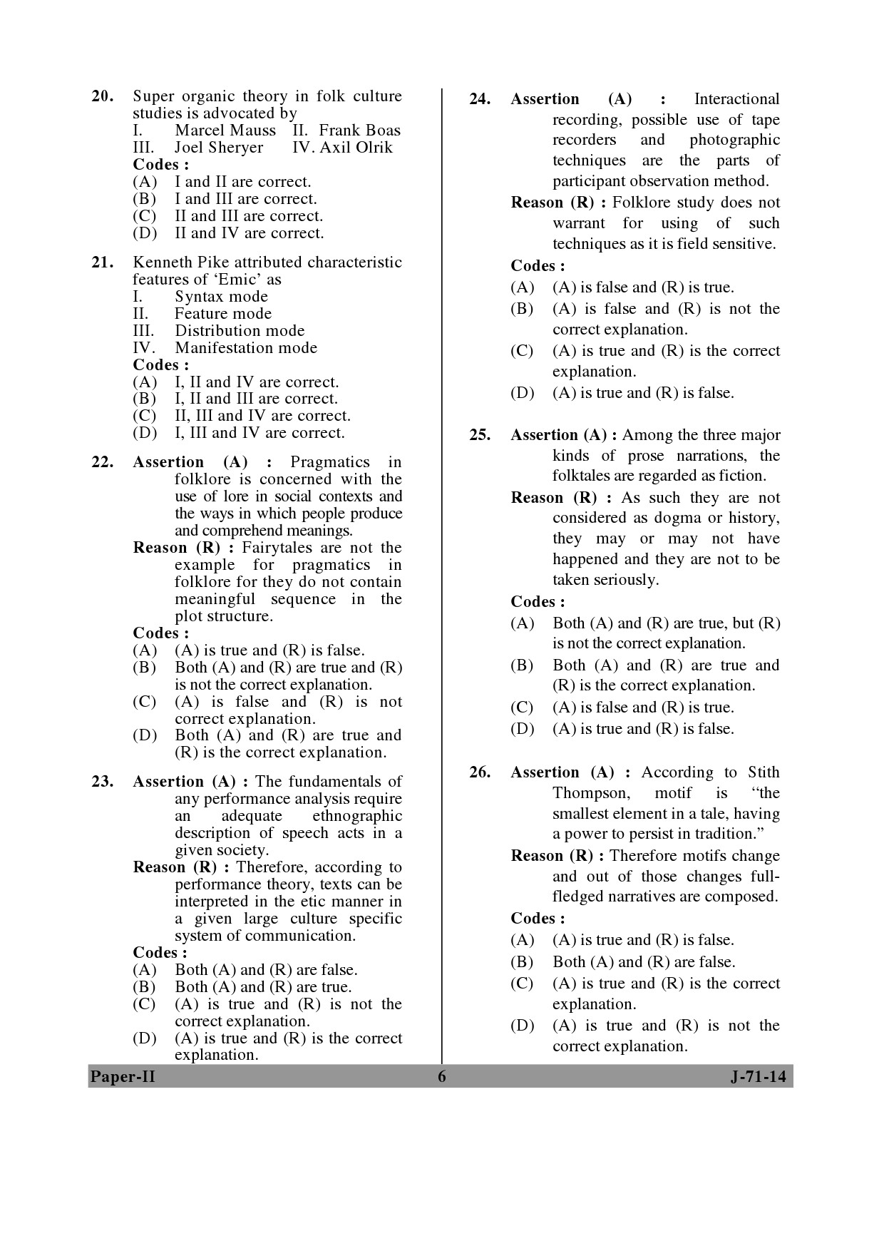 UGC NET Folk Literature Question Paper II June 2014 6