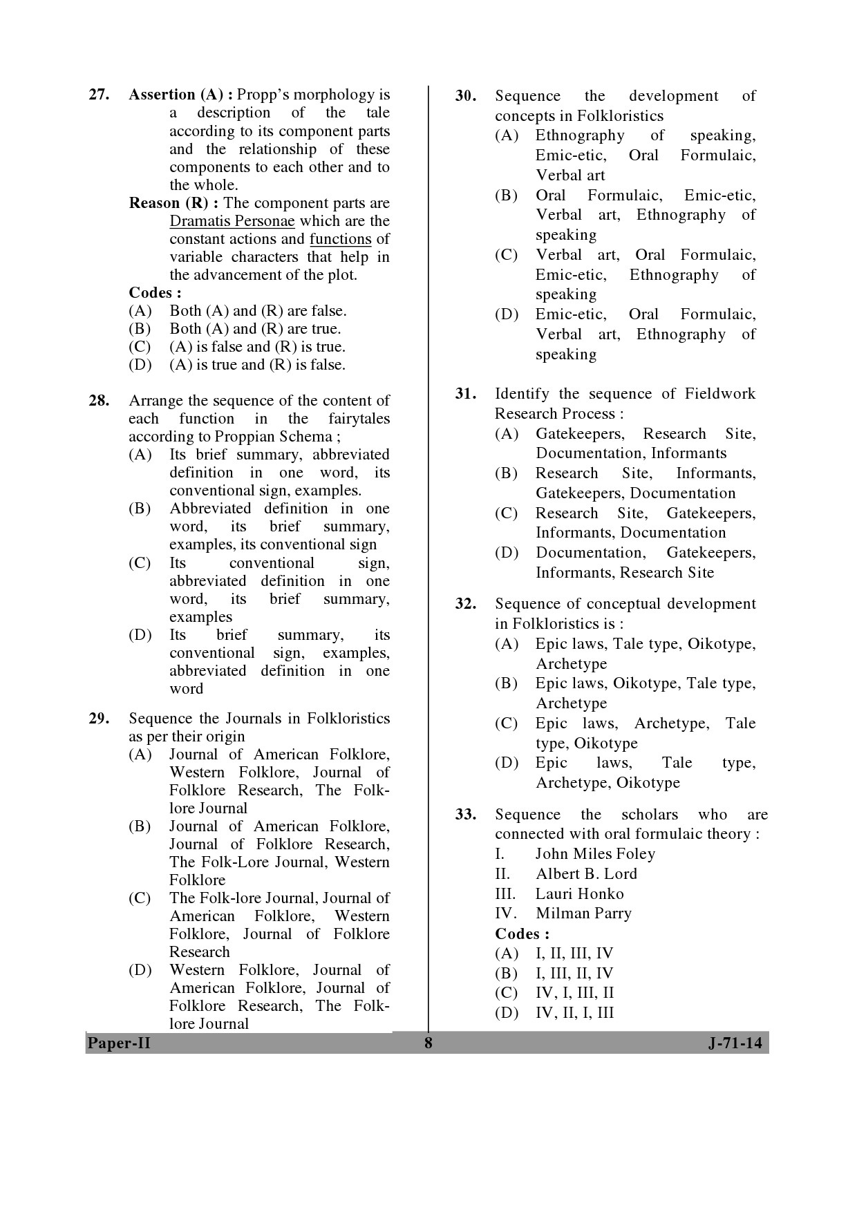 UGC NET Folk Literature Question Paper II June 2014 8