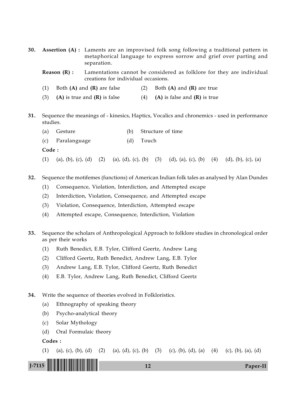 UGC NET Folk Literature Question Paper II June 2015 12