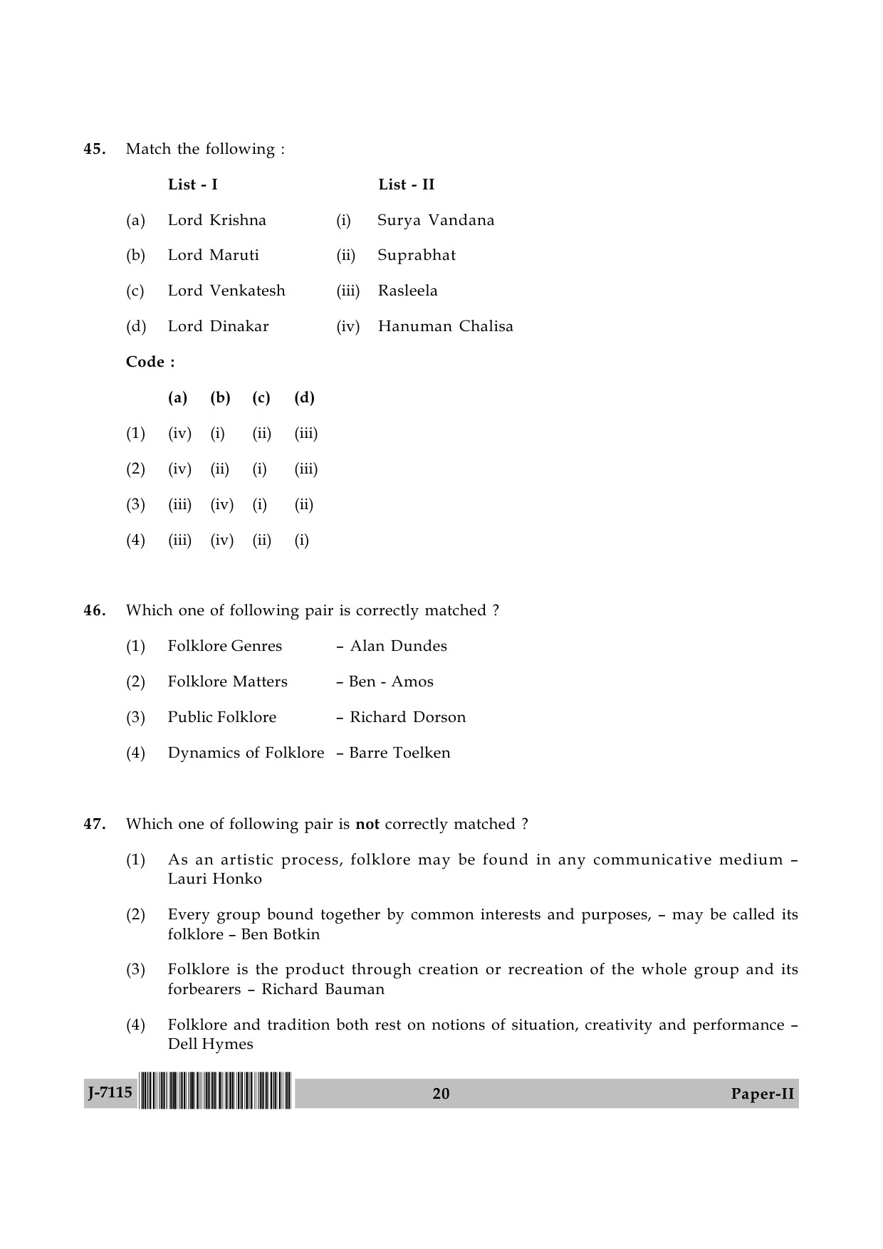 UGC NET Folk Literature Question Paper II June 2015 20