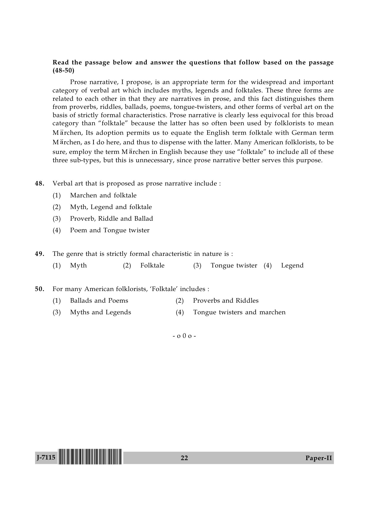 UGC NET Folk Literature Question Paper II June 2015 22