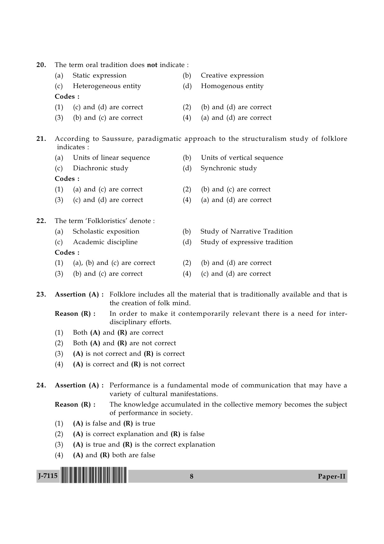 UGC NET Folk Literature Question Paper II June 2015 8