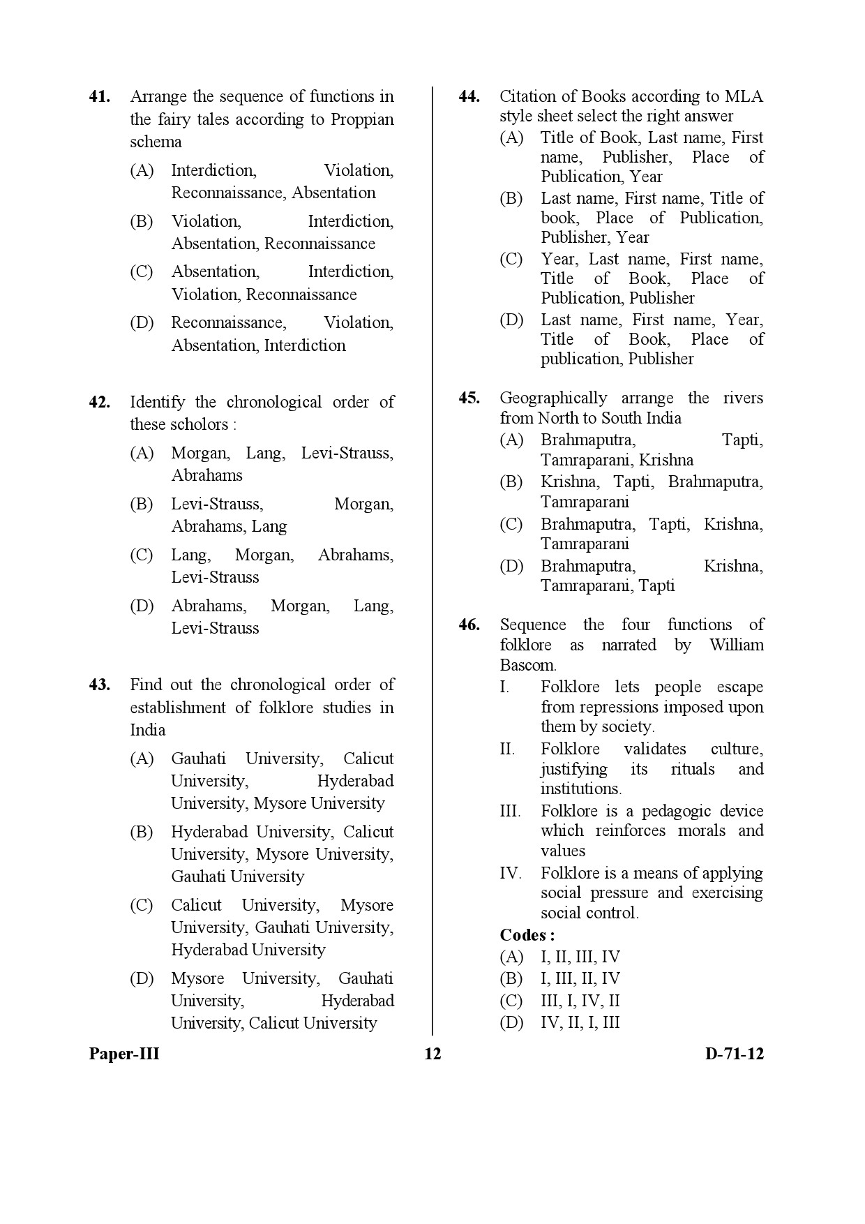 UGC NET Folk Literature Question Paper III December 2012 12