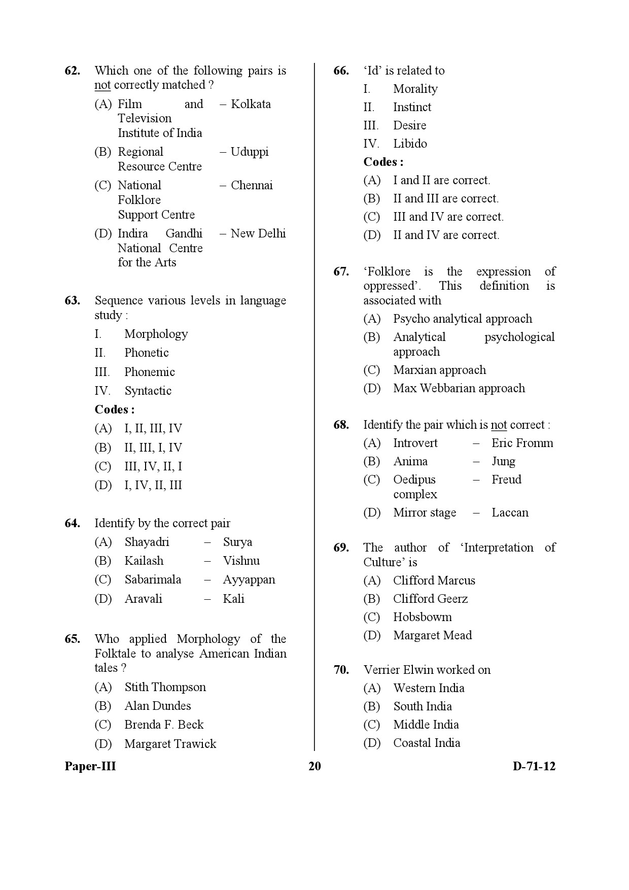 UGC NET Folk Literature Question Paper III December 2012 20