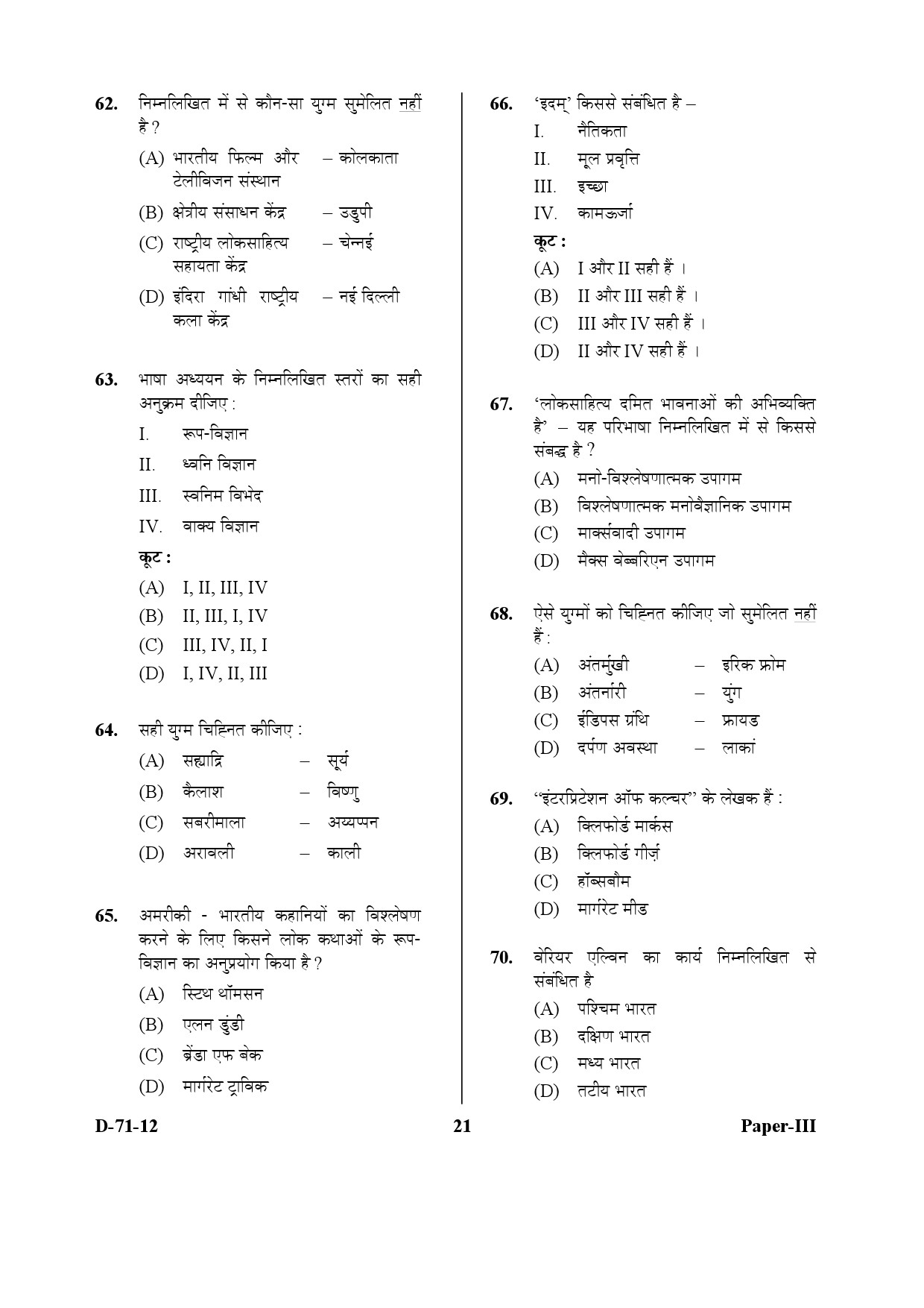 UGC NET Folk Literature Question Paper III December 2012 21