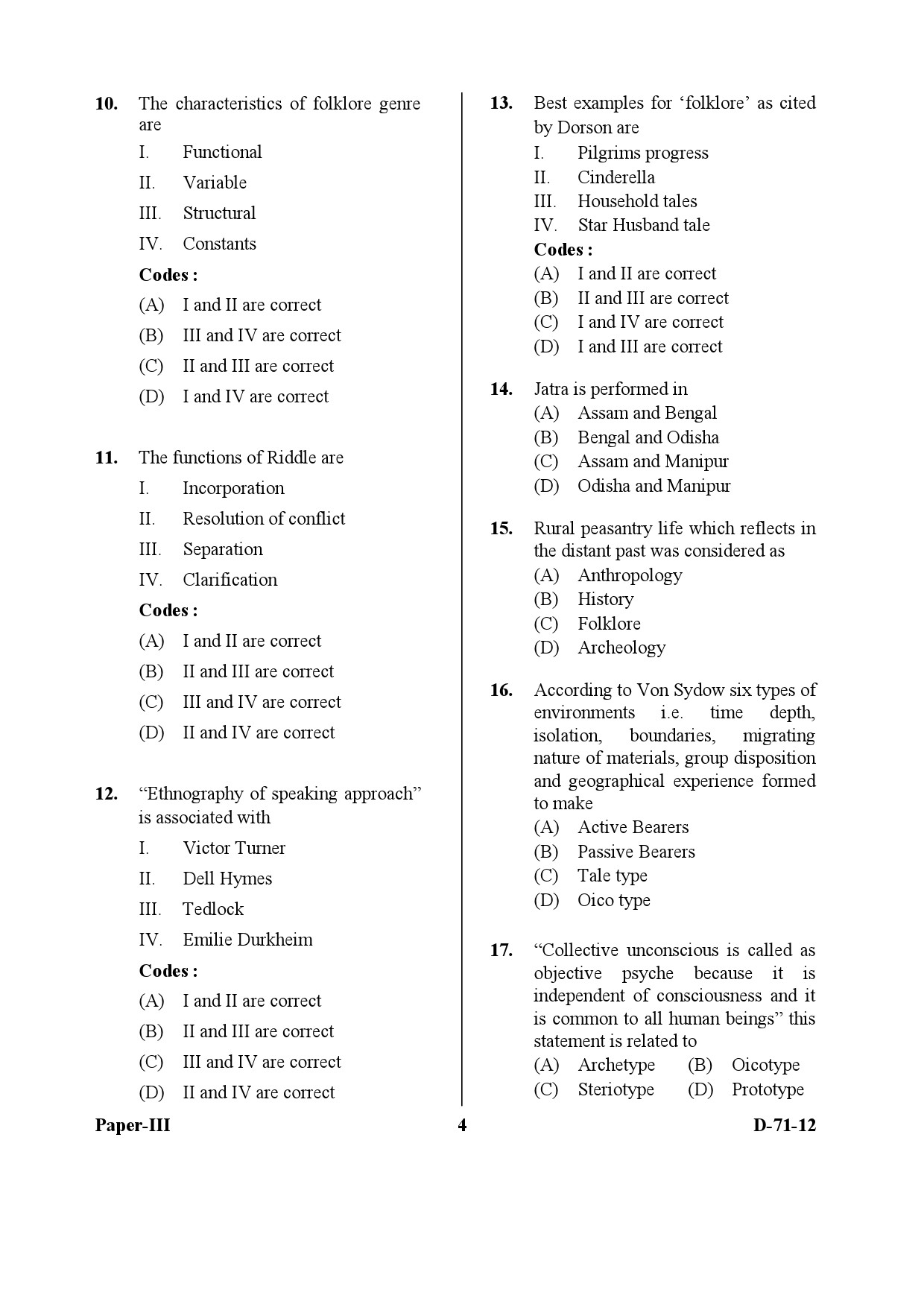 UGC NET Folk Literature Question Paper III December 2012 4