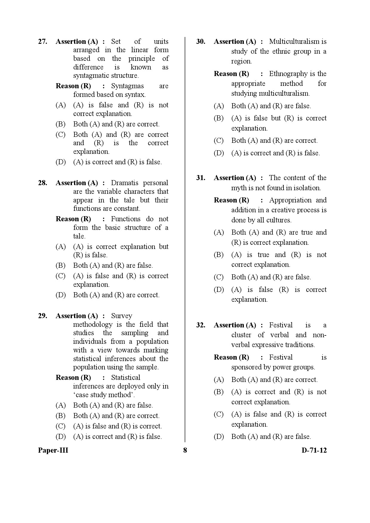 UGC NET Folk Literature Question Paper III December 2012 8