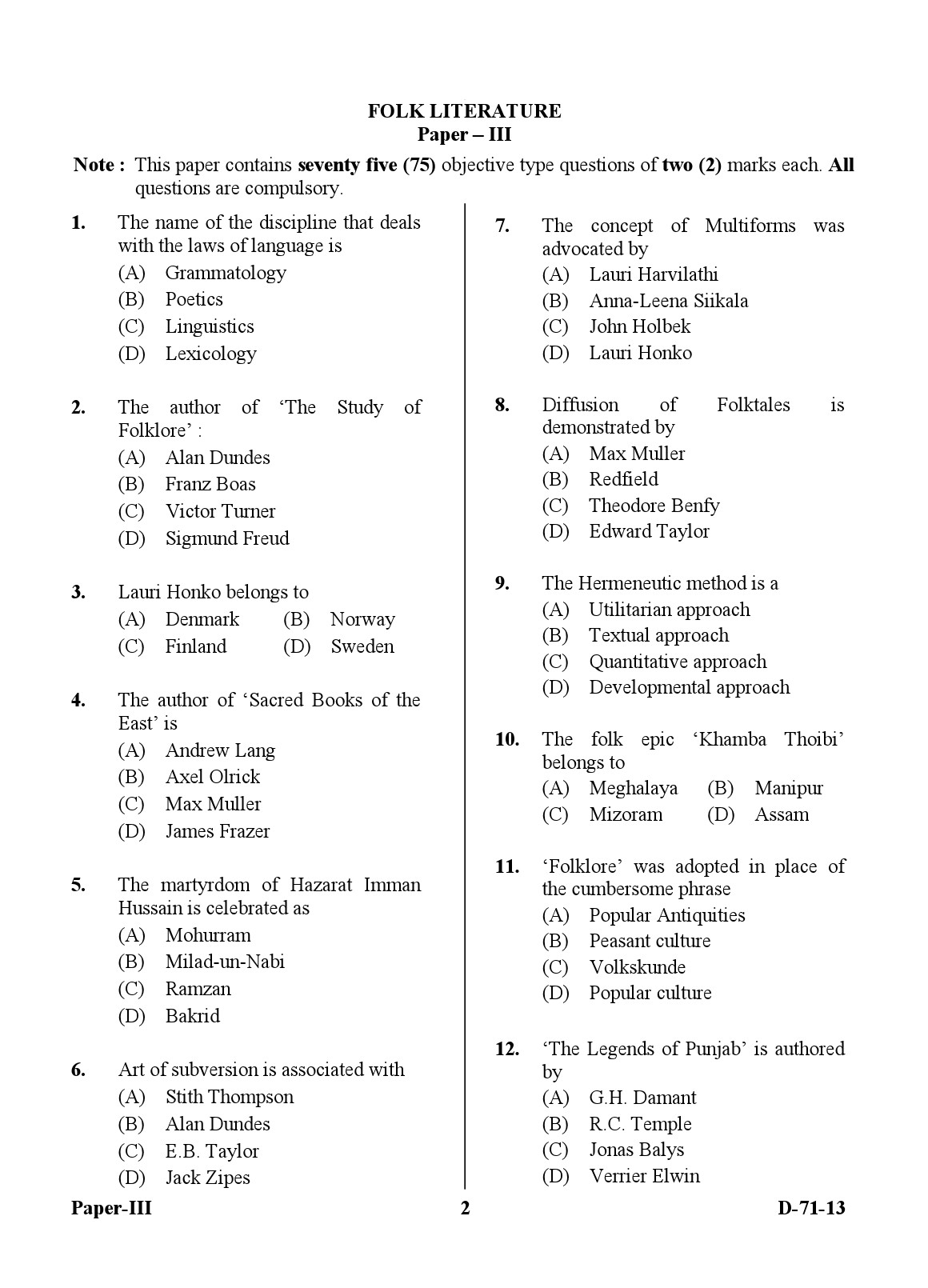 UGC NET Folk Literature Question Paper III December 2013 2