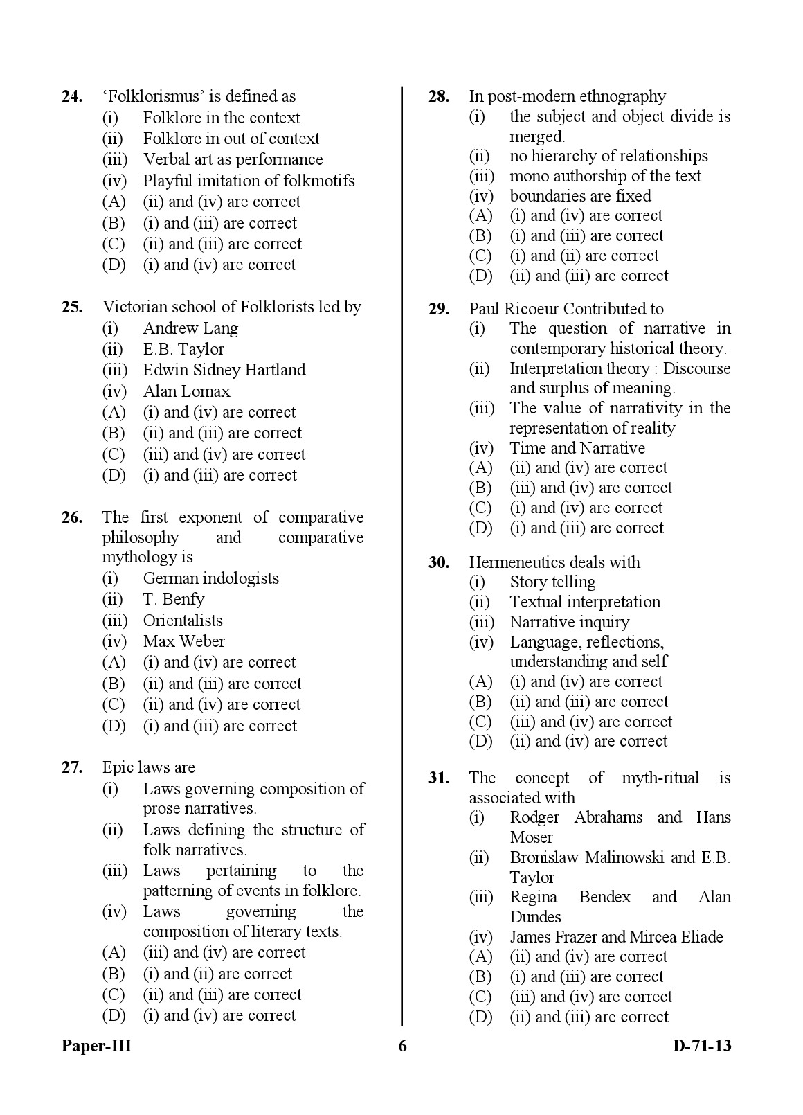 UGC NET Folk Literature Question Paper III December 2013 6