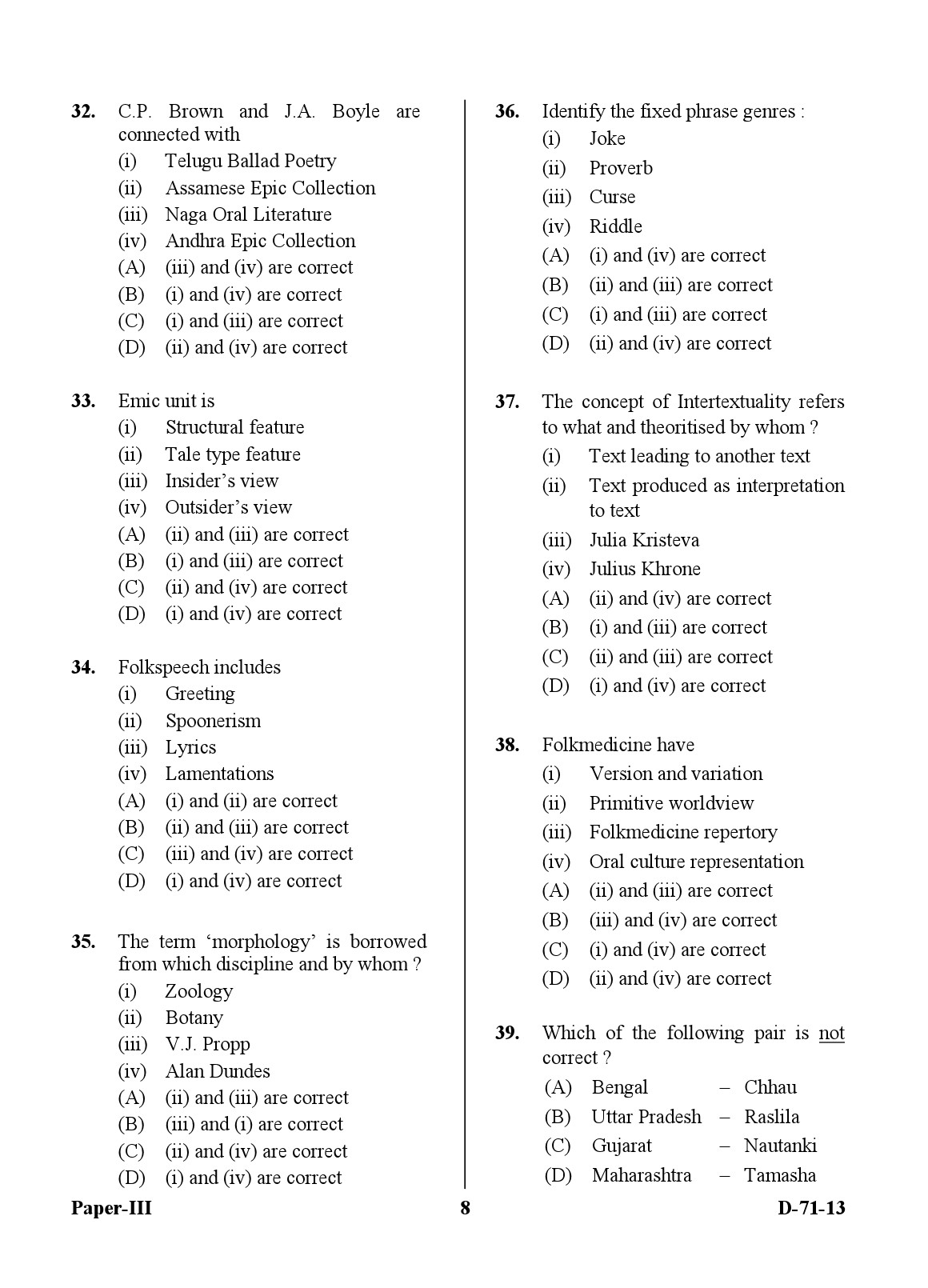 UGC NET Folk Literature Question Paper III December 2013 8