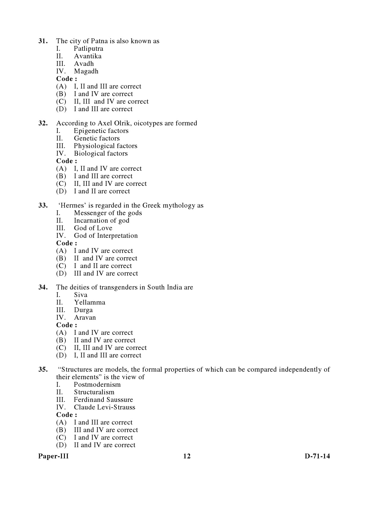 UGC NET Folk Literature Question Paper III December 2014 12