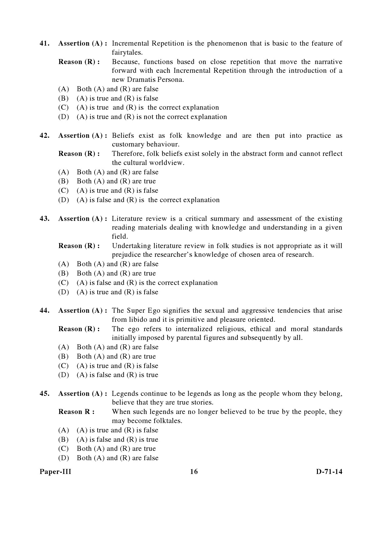 UGC NET Folk Literature Question Paper III December 2014 16