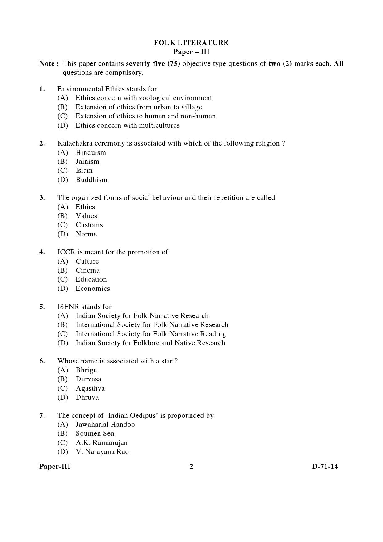 UGC NET Folk Literature Question Paper III December 2014 2