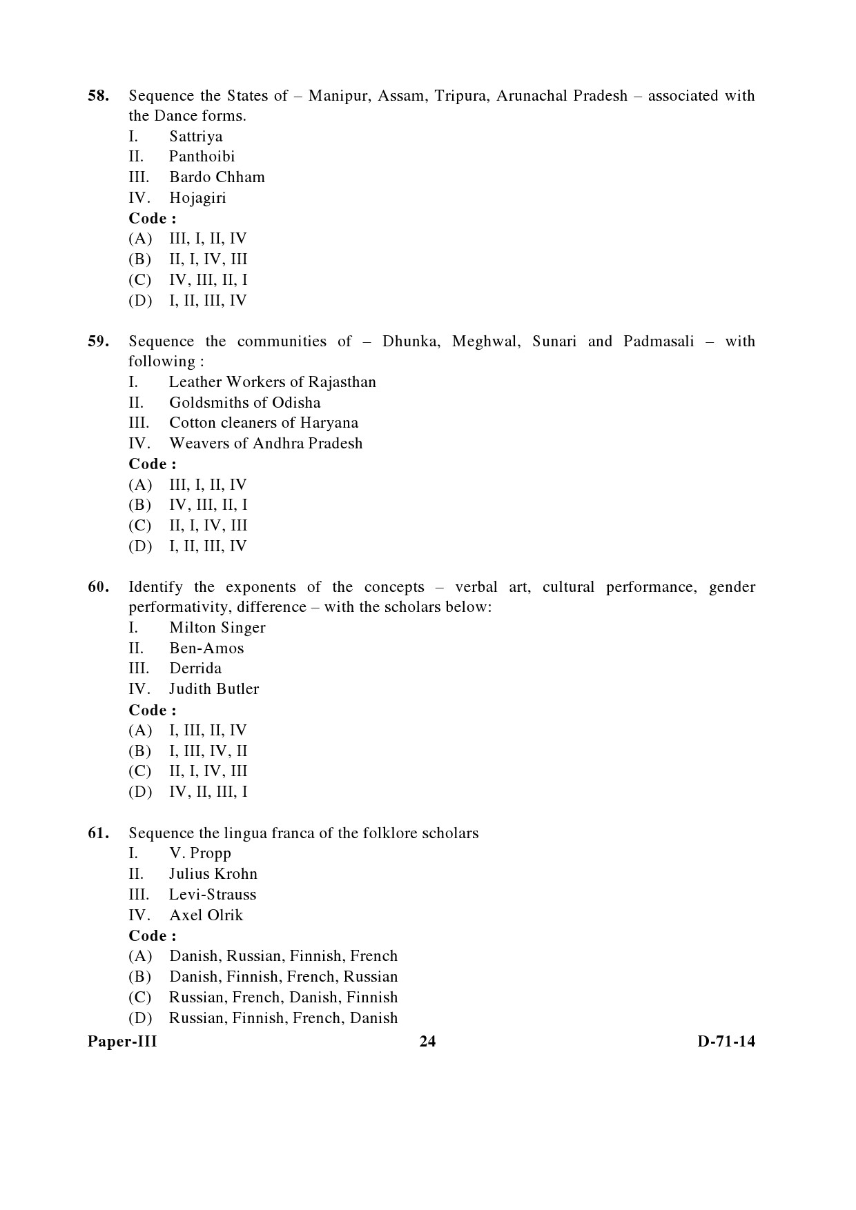 UGC NET Folk Literature Question Paper III December 2014 24