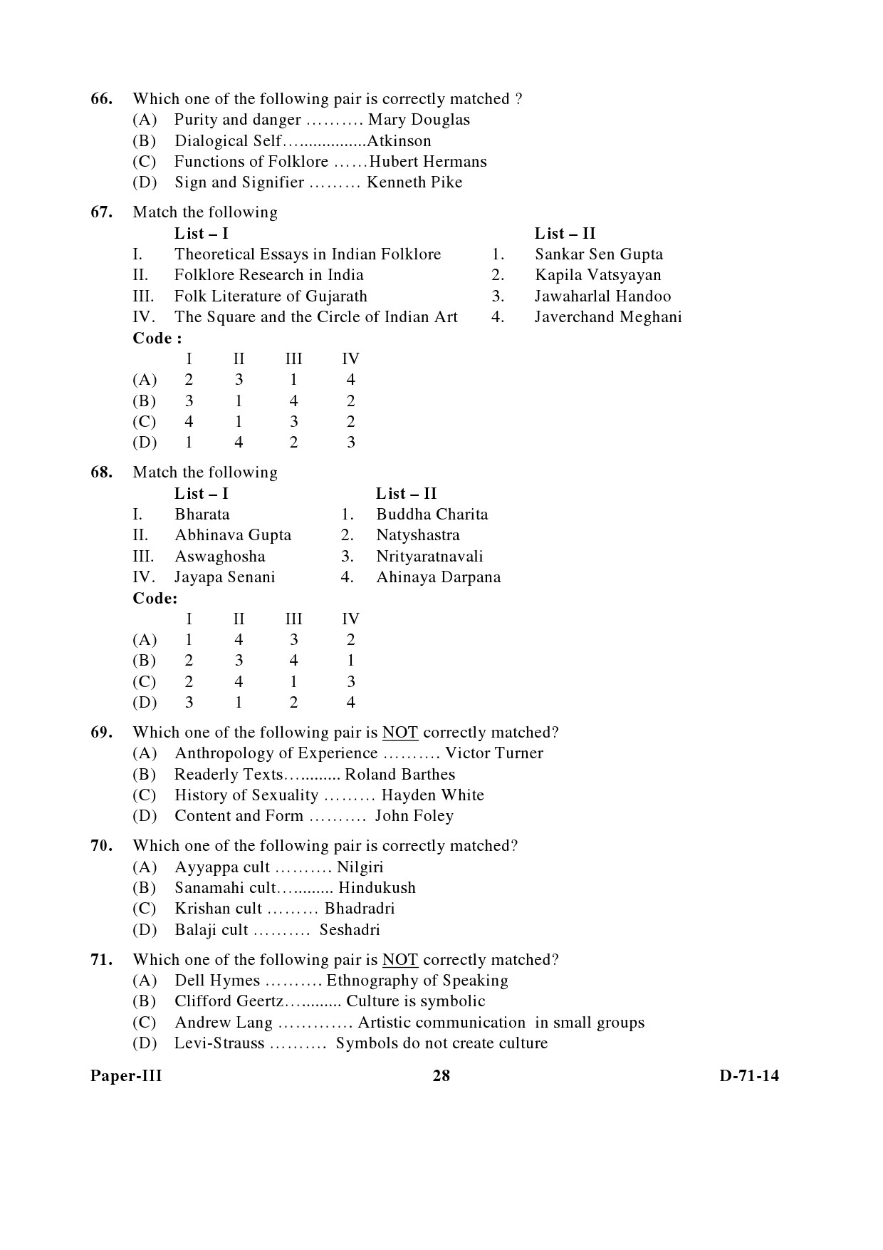 UGC NET Folk Literature Question Paper III December 2014 28