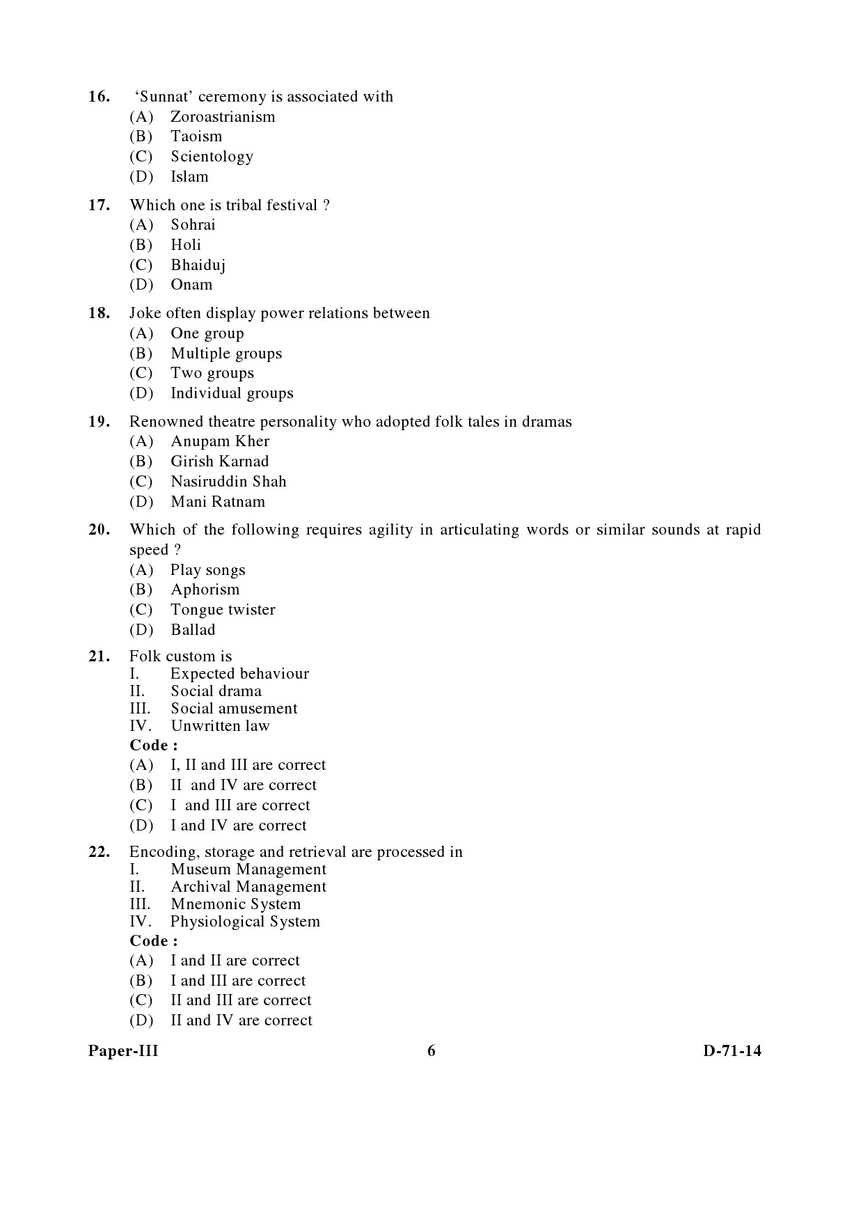 UGC NET Folk Literature Question Paper III December 2014 6