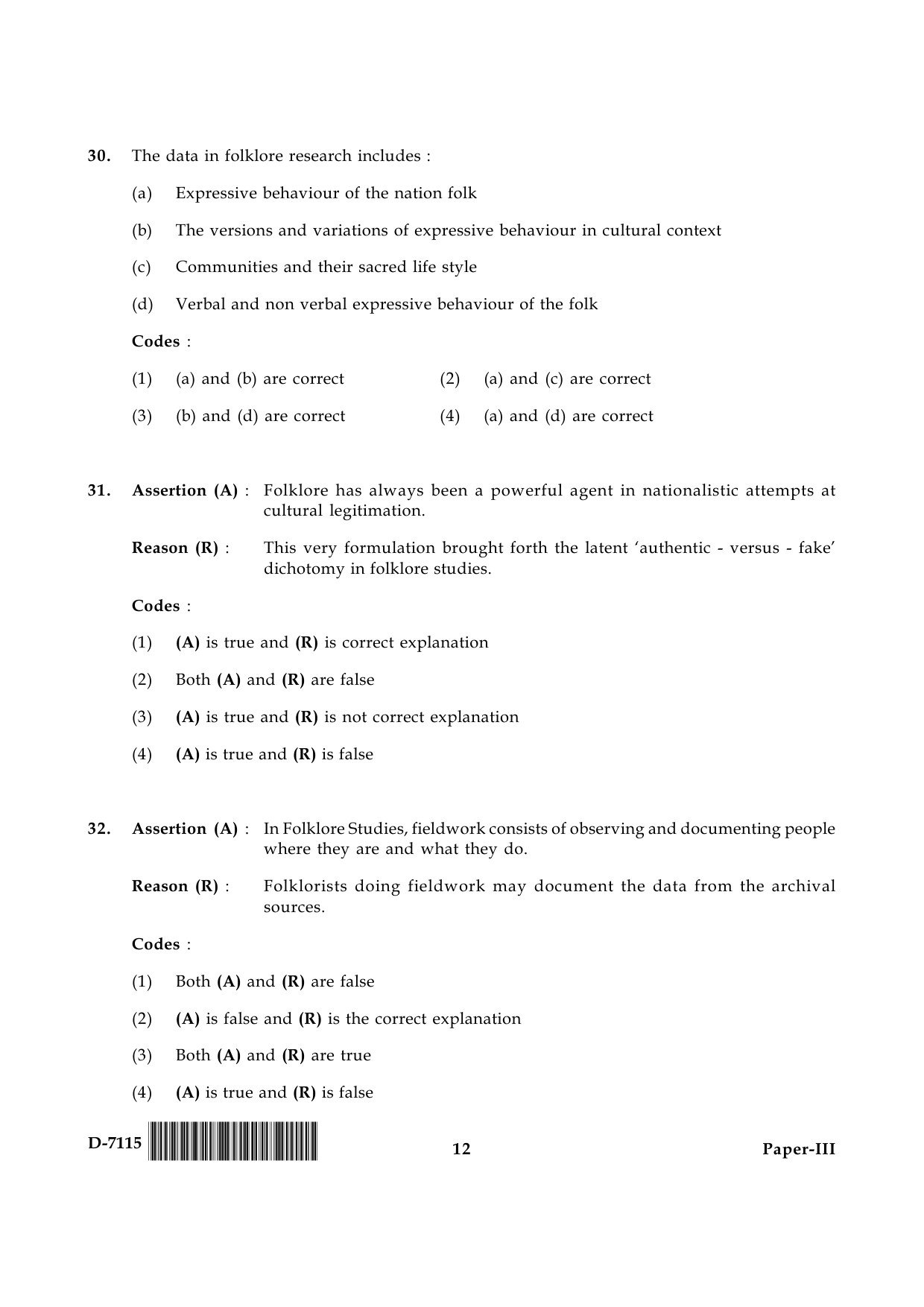 UGC NET Folk Literature Question Paper III December 2015 12