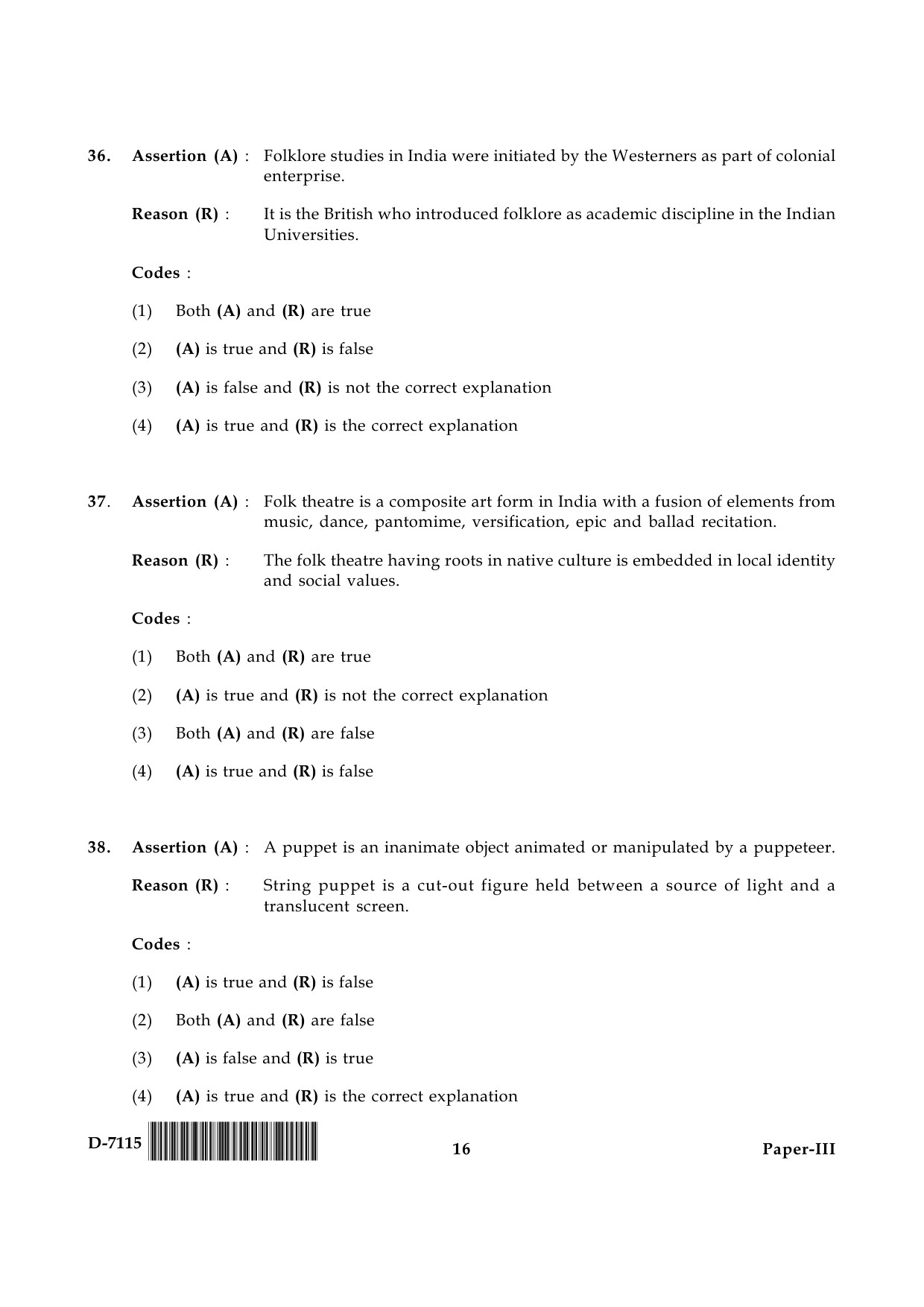 UGC NET Folk Literature Question Paper III December 2015 16