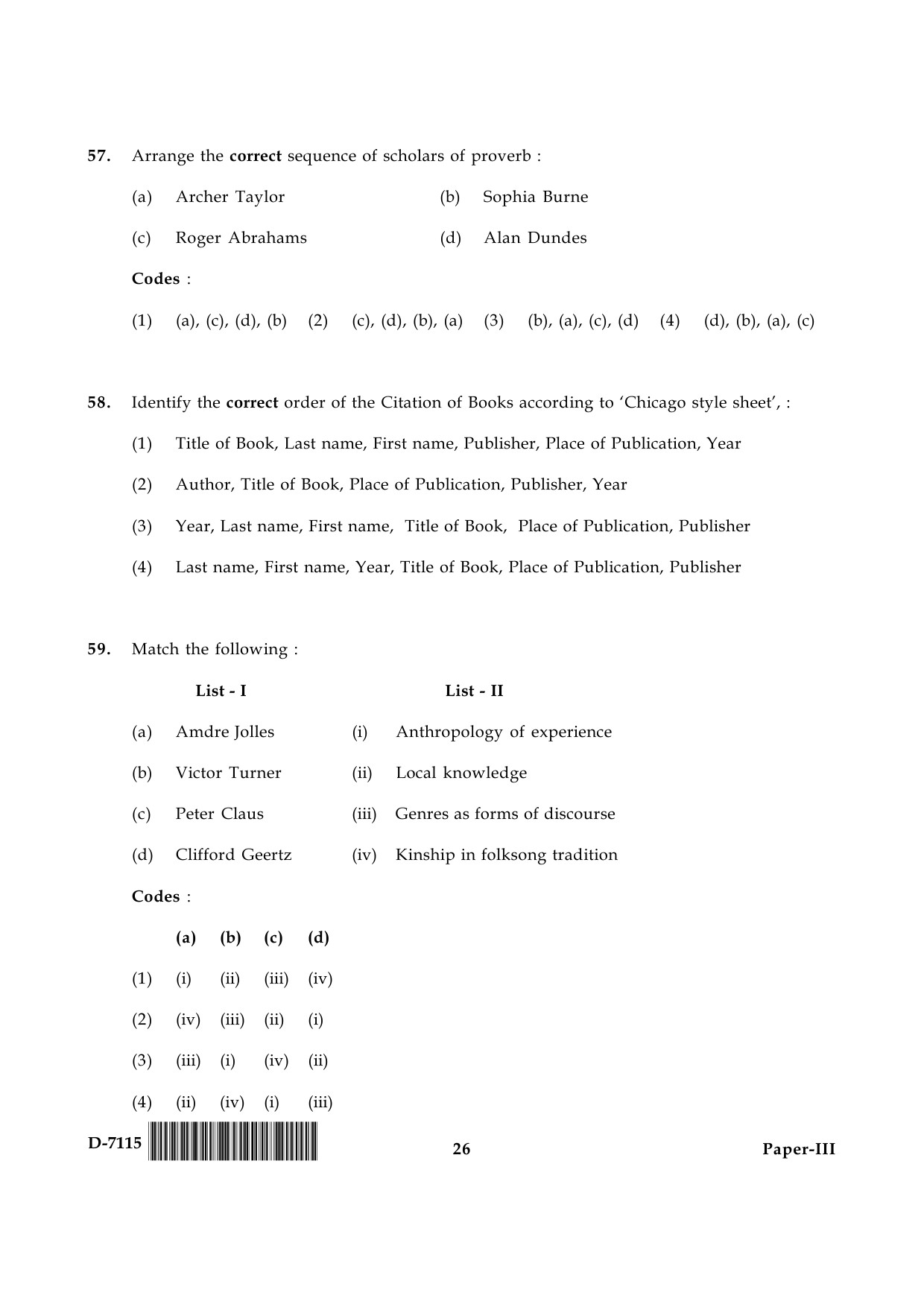 UGC NET Folk Literature Question Paper III December 2015 26