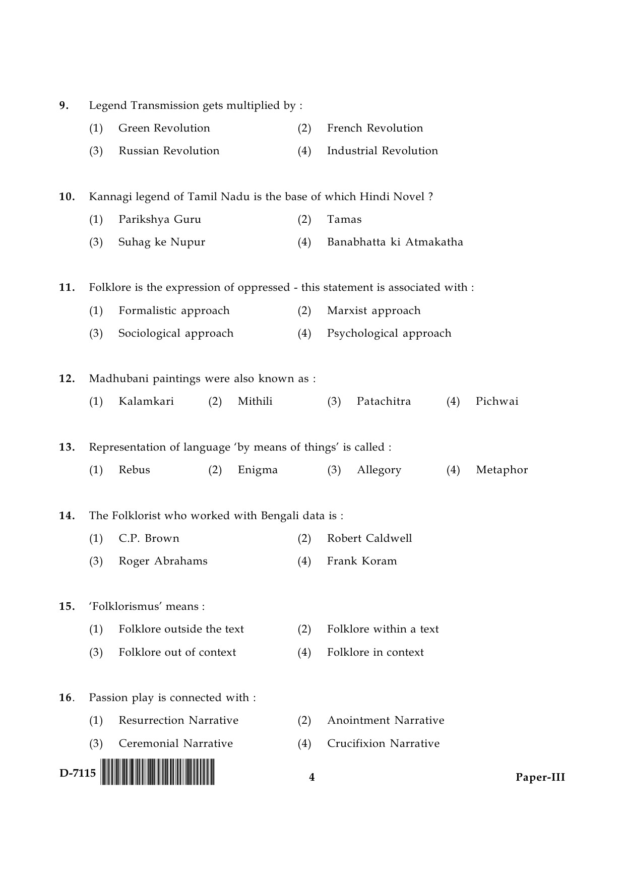 UGC NET Folk Literature Question Paper III December 2015 4