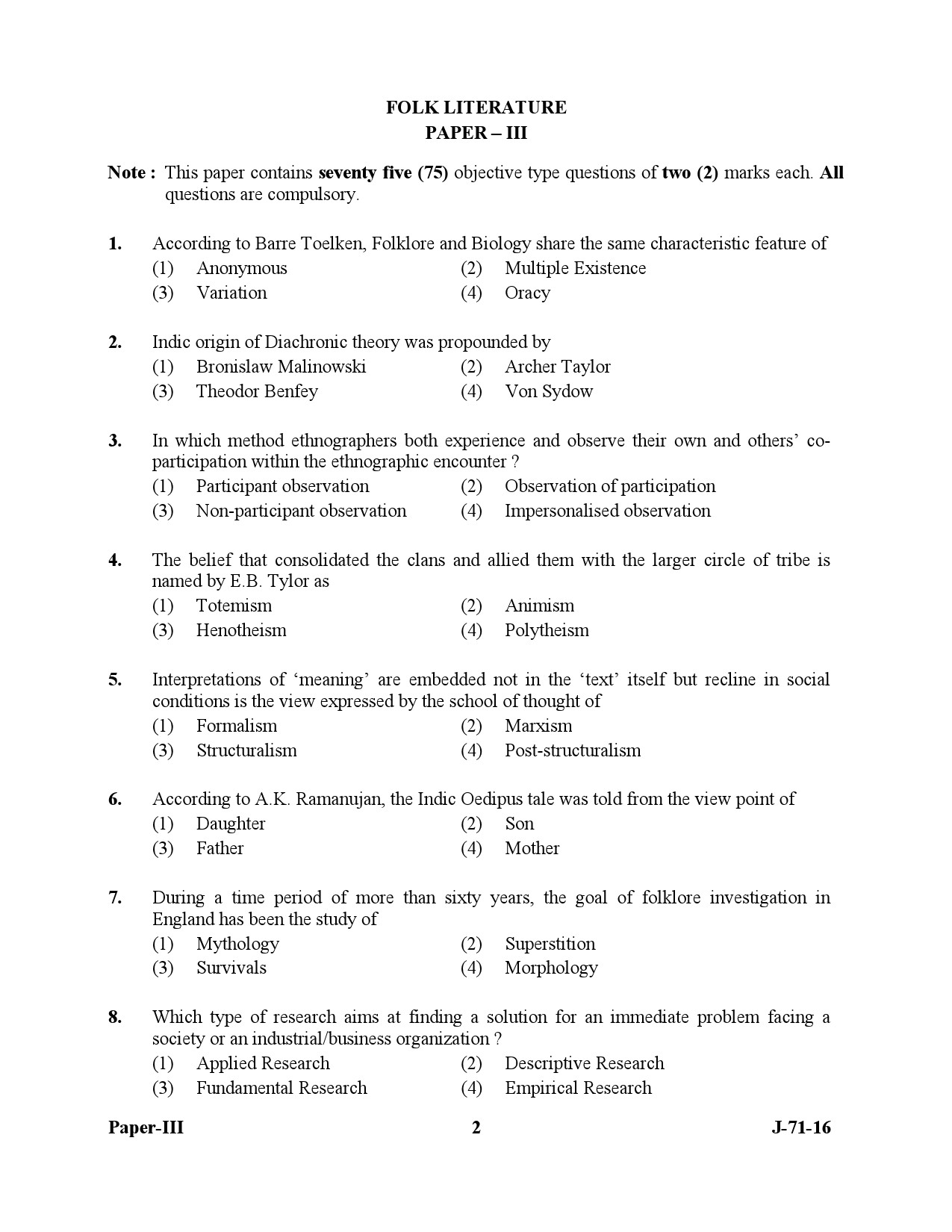 UGC NET Folk Literature Question Paper III July 2016 2