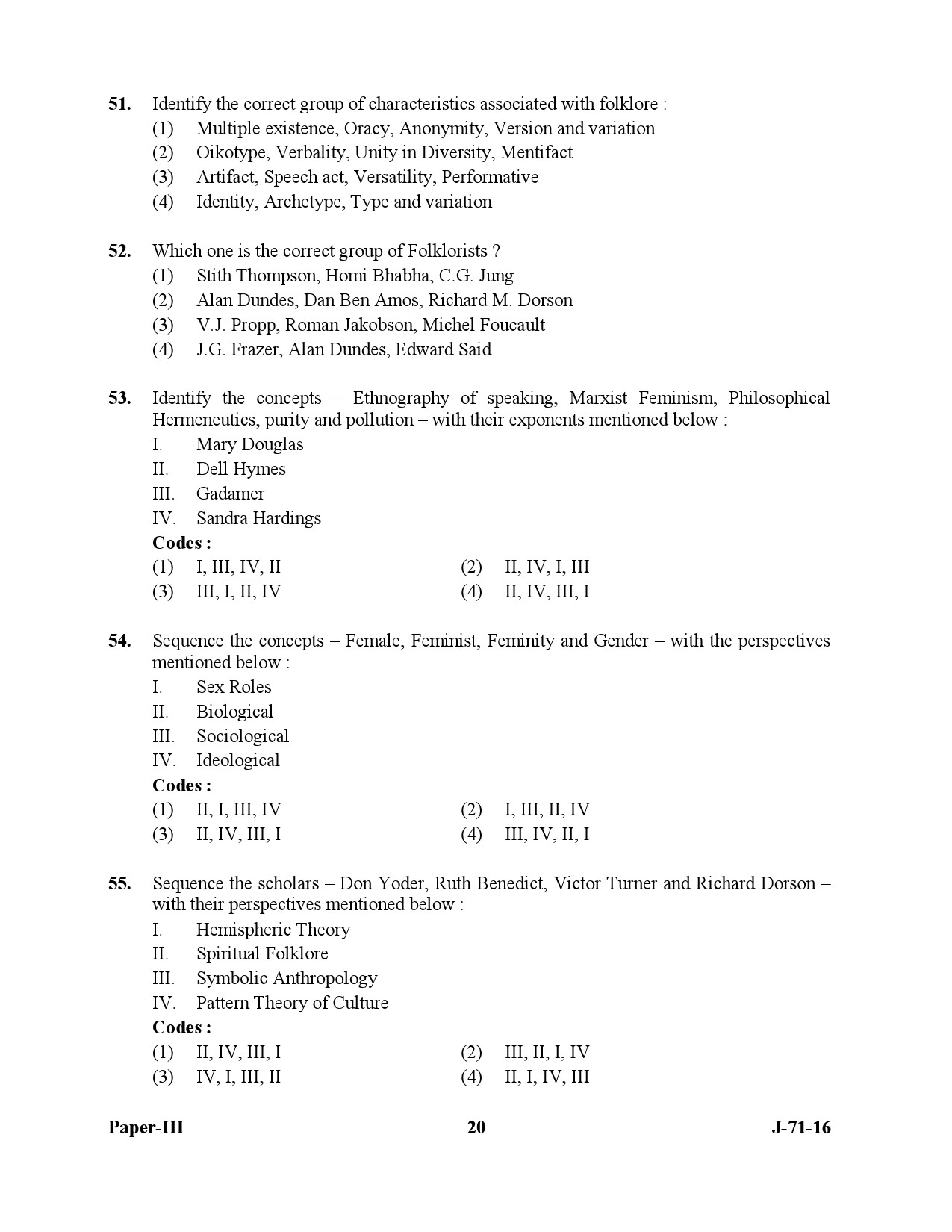 UGC NET Folk Literature Question Paper III July 2016 20