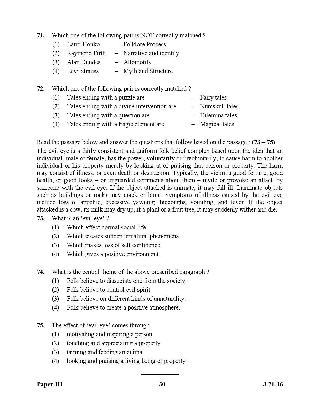 UGC NET Folk Literature Question Paper III July 2016 30