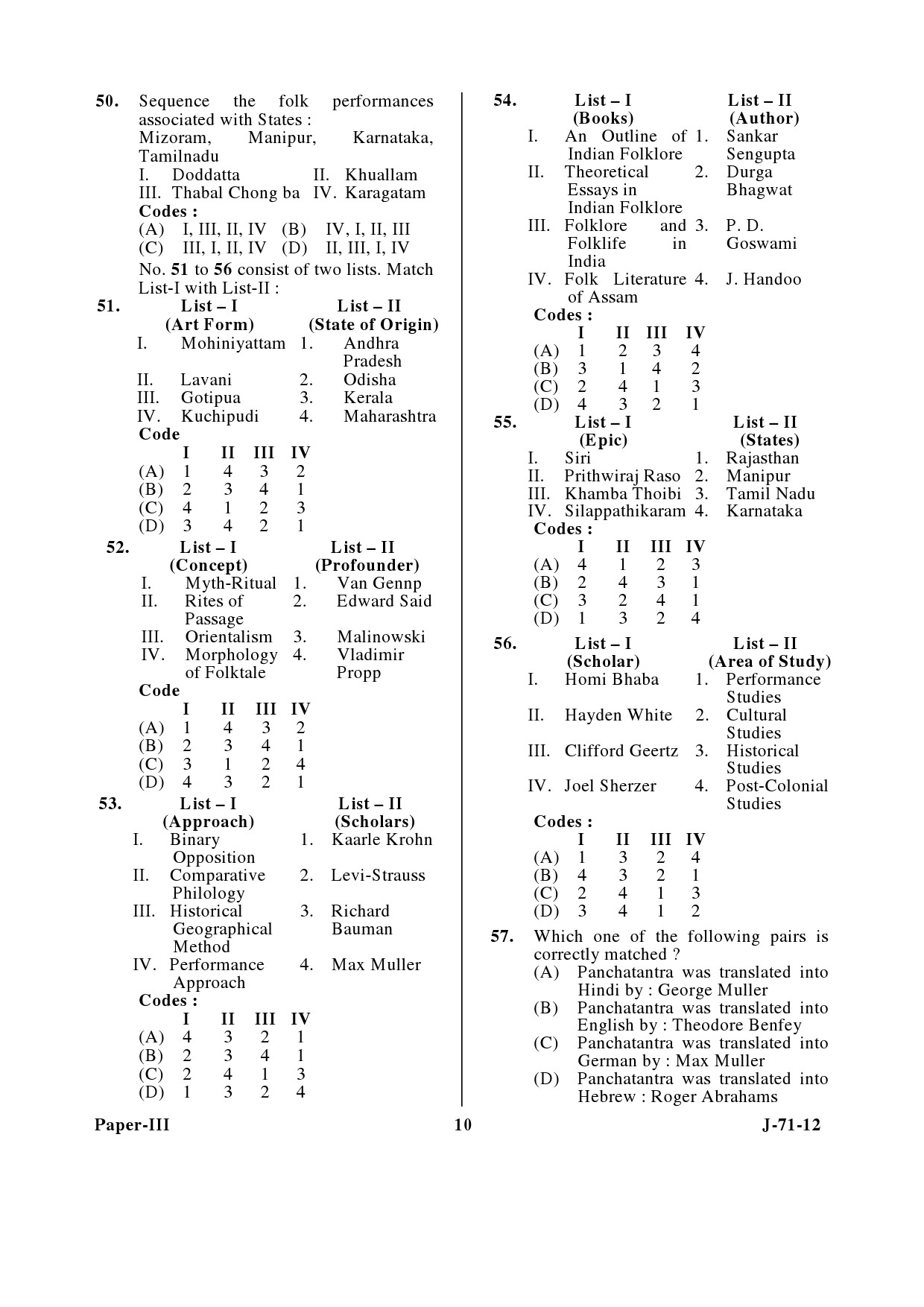 UGC NET Folk Literature Question Paper III June 2012 10