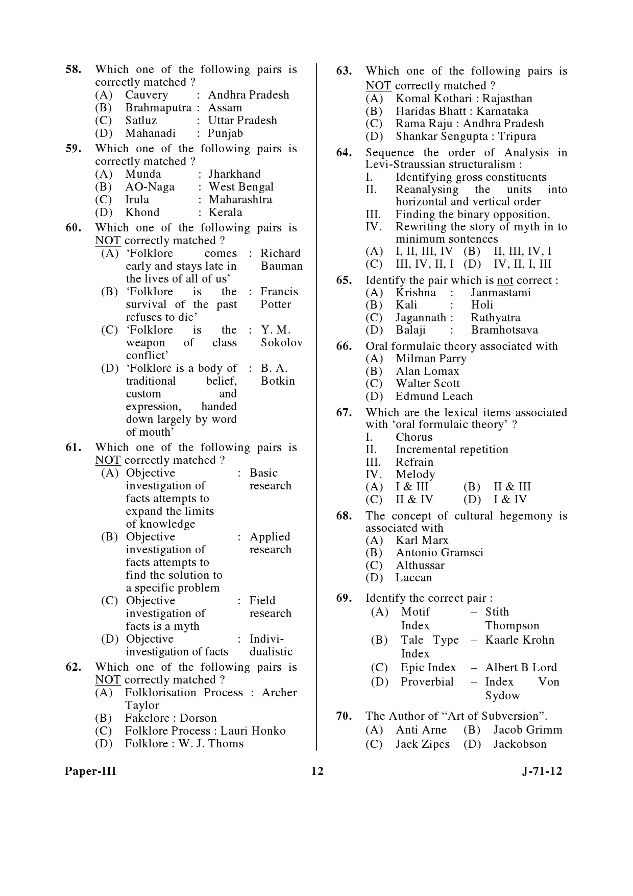 UGC NET Folk Literature Question Paper III June 2012 12