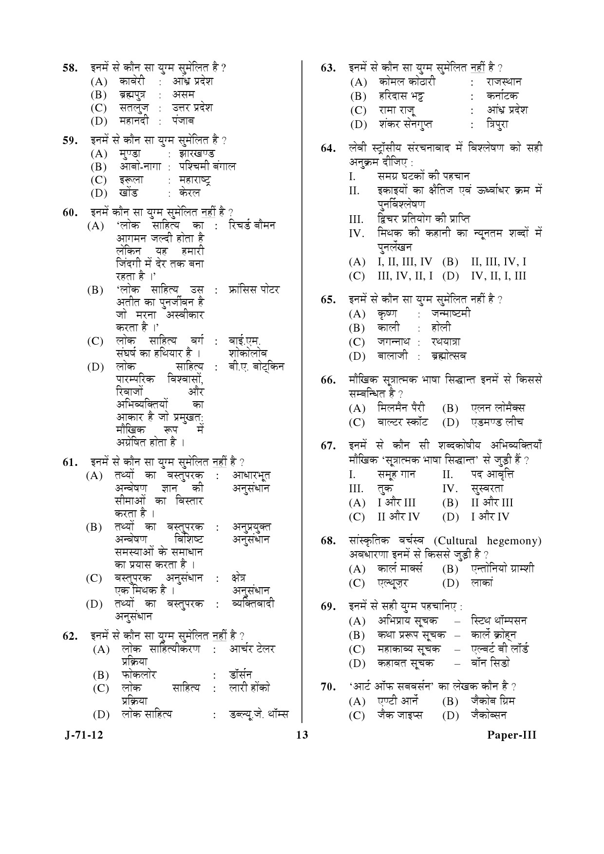 UGC NET Folk Literature Question Paper III June 2012 13