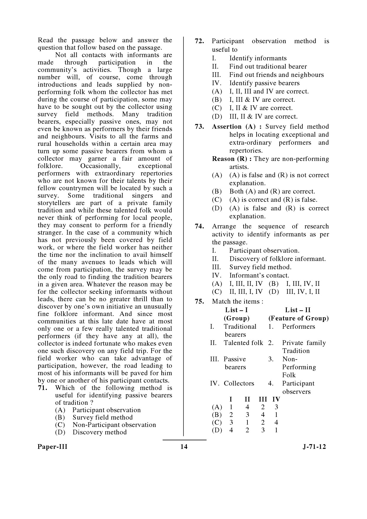 UGC NET Folk Literature Question Paper III June 2012 14