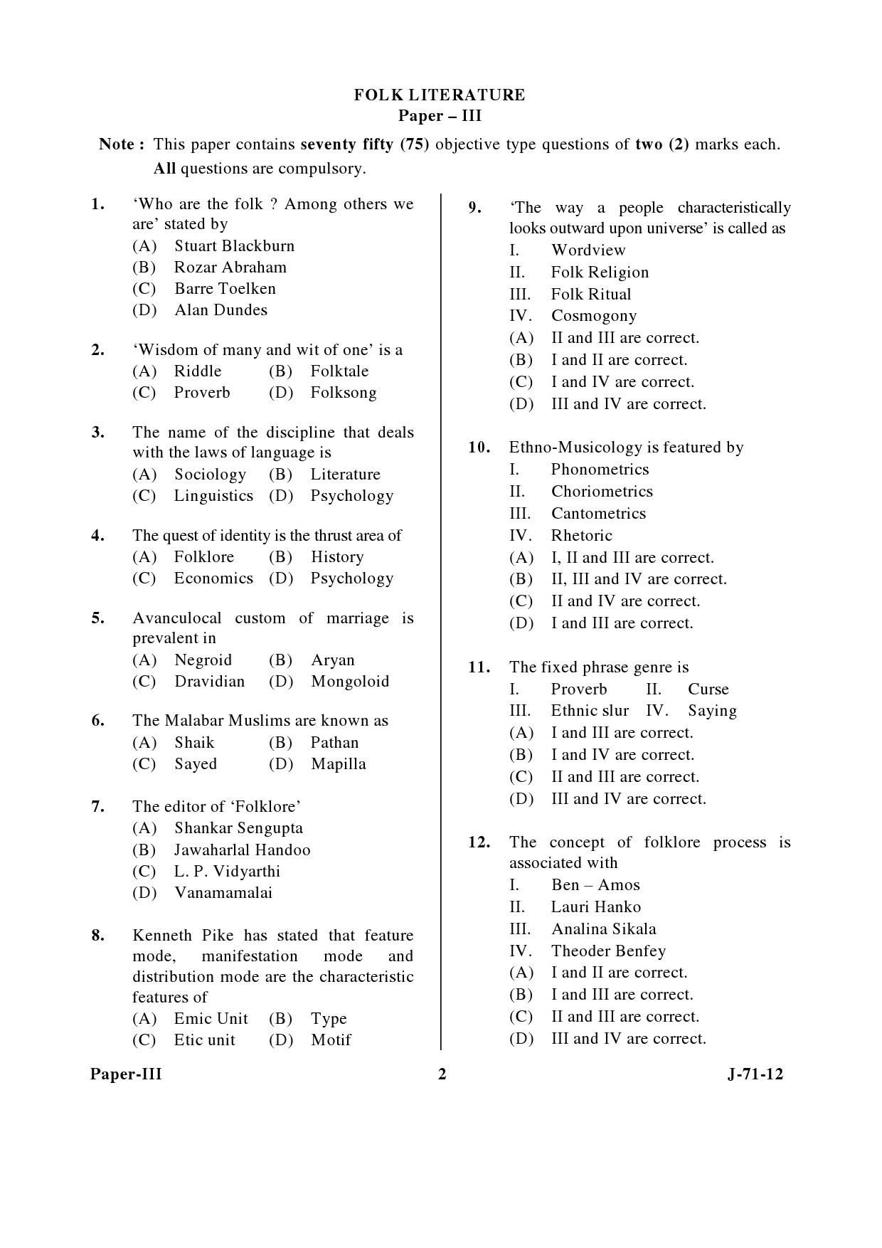 UGC NET Folk Literature Question Paper III June 2012 2