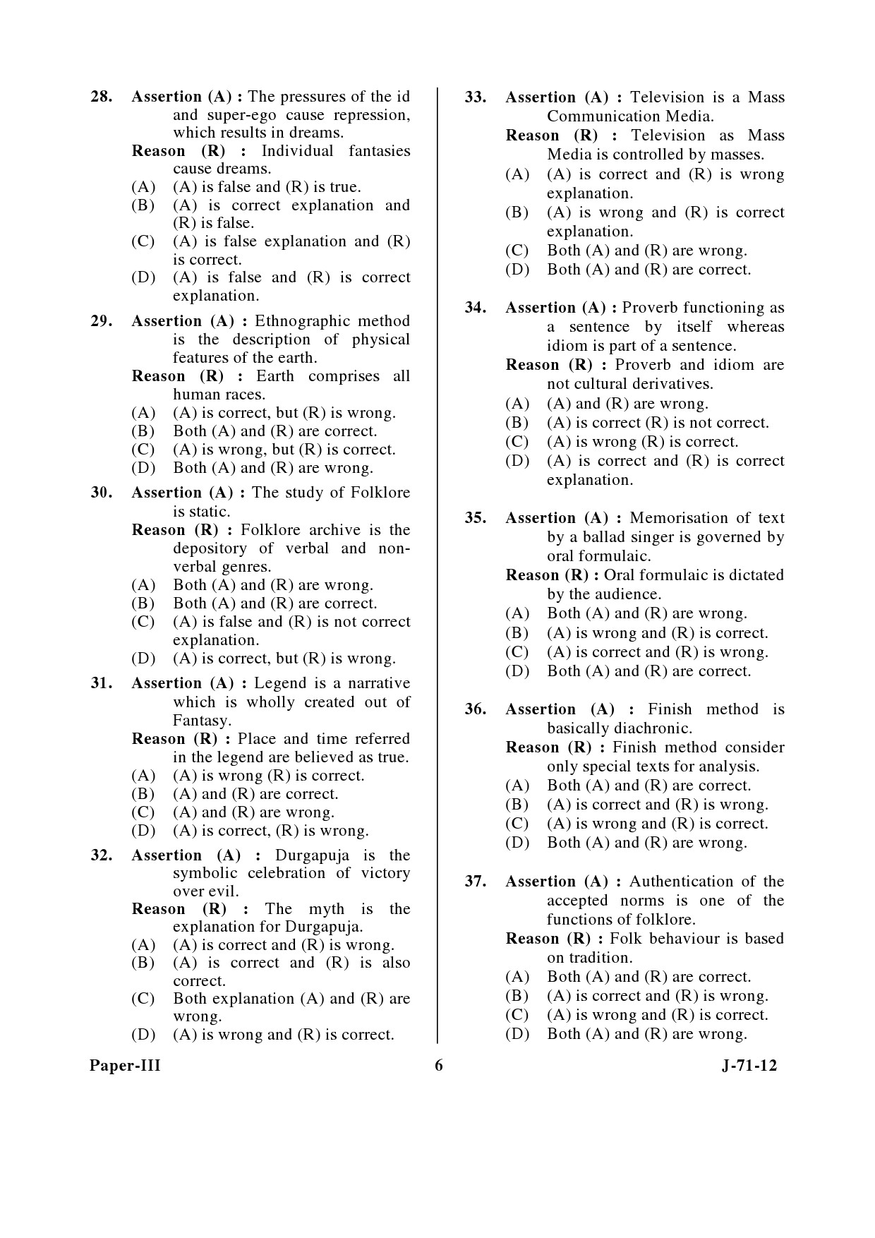 UGC NET Folk Literature Question Paper III June 2012 6