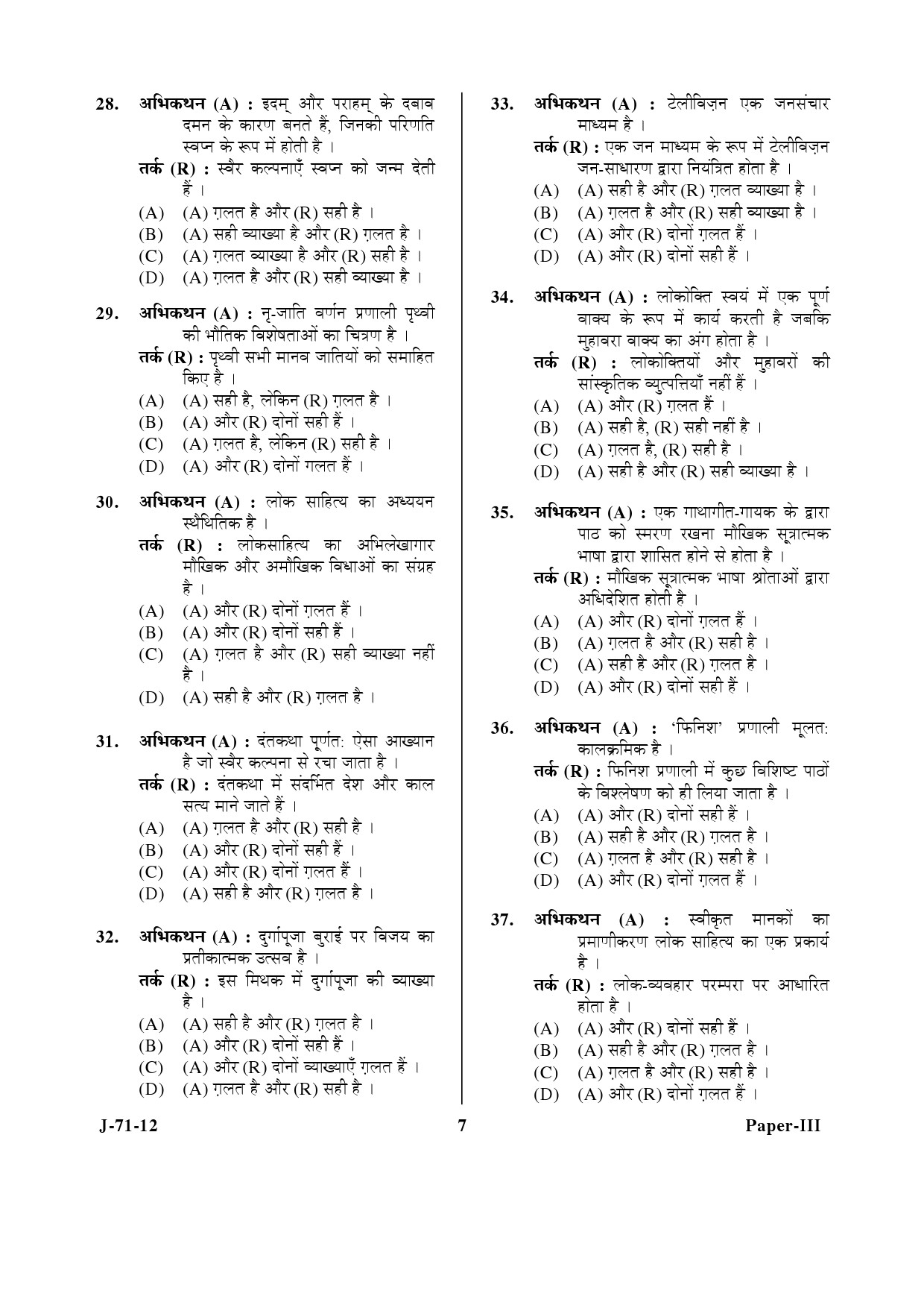 UGC NET Folk Literature Question Paper III June 2012 7