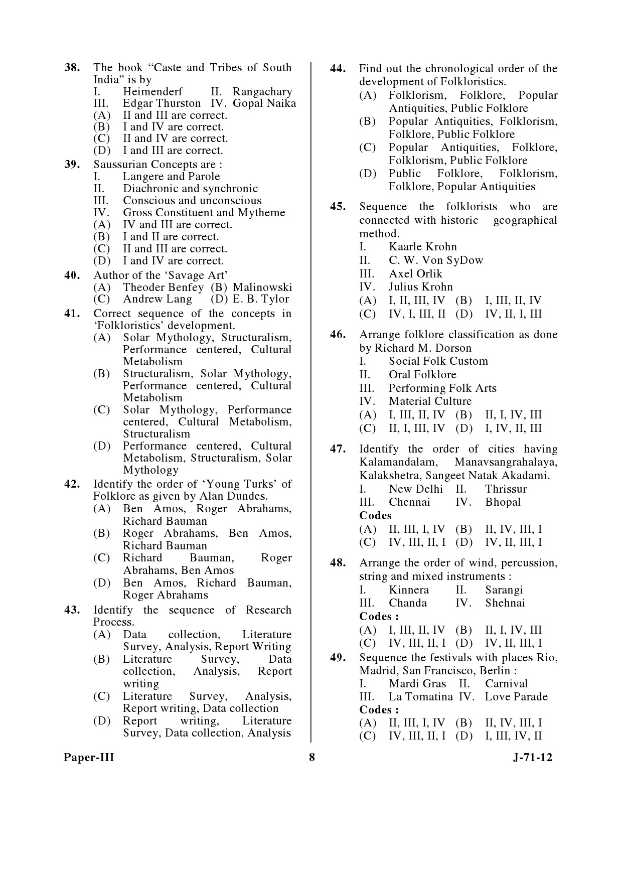 UGC NET Folk Literature Question Paper III June 2012 8