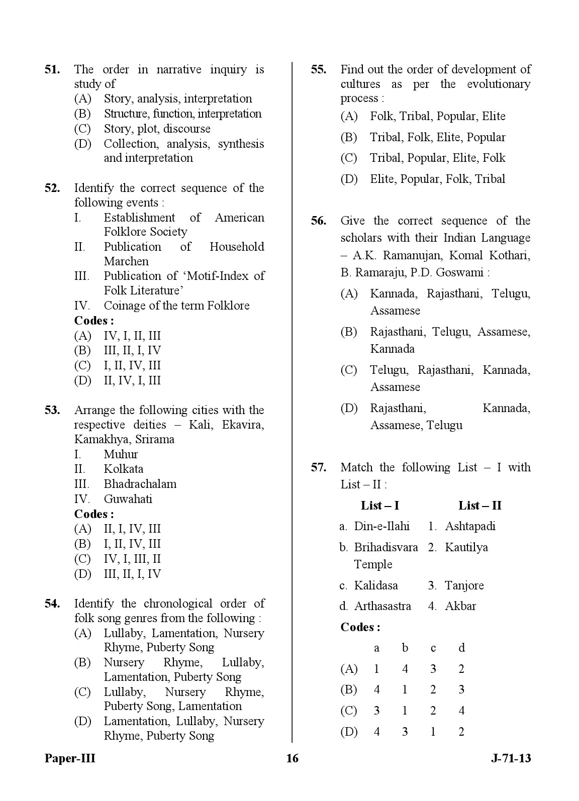 UGC NET Folk Literature Question Paper III June 2013 16