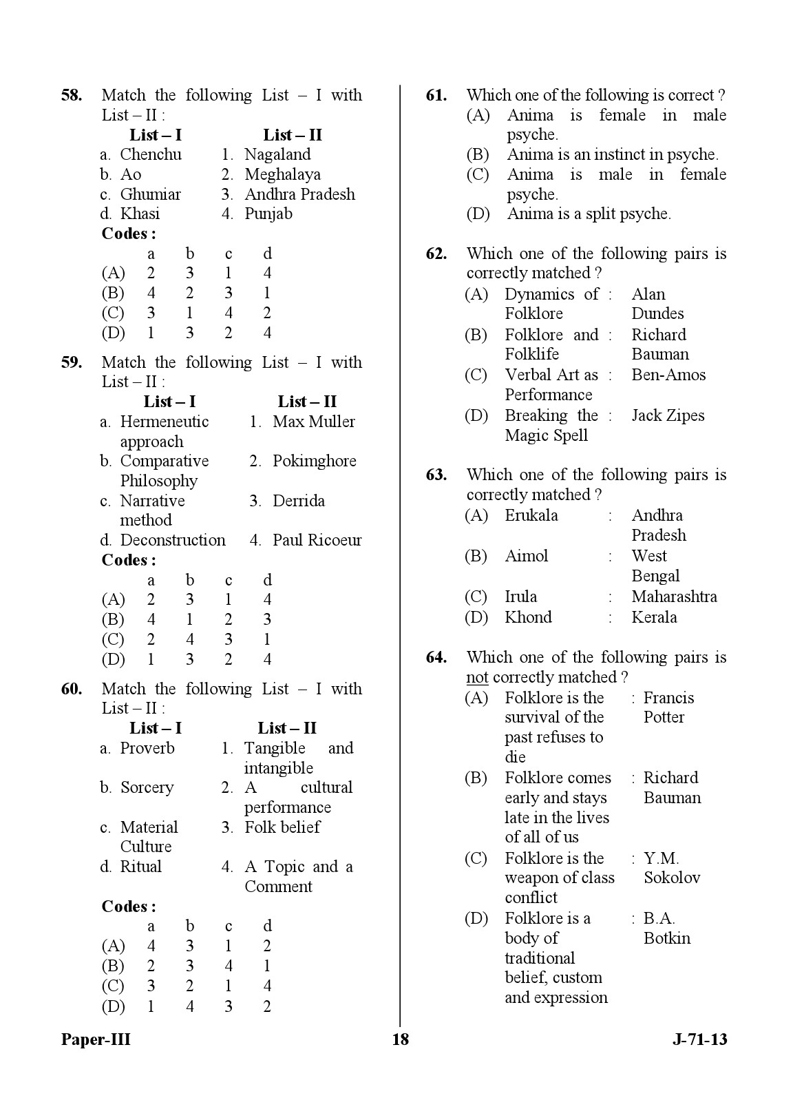 UGC NET Folk Literature Question Paper III June 2013 18